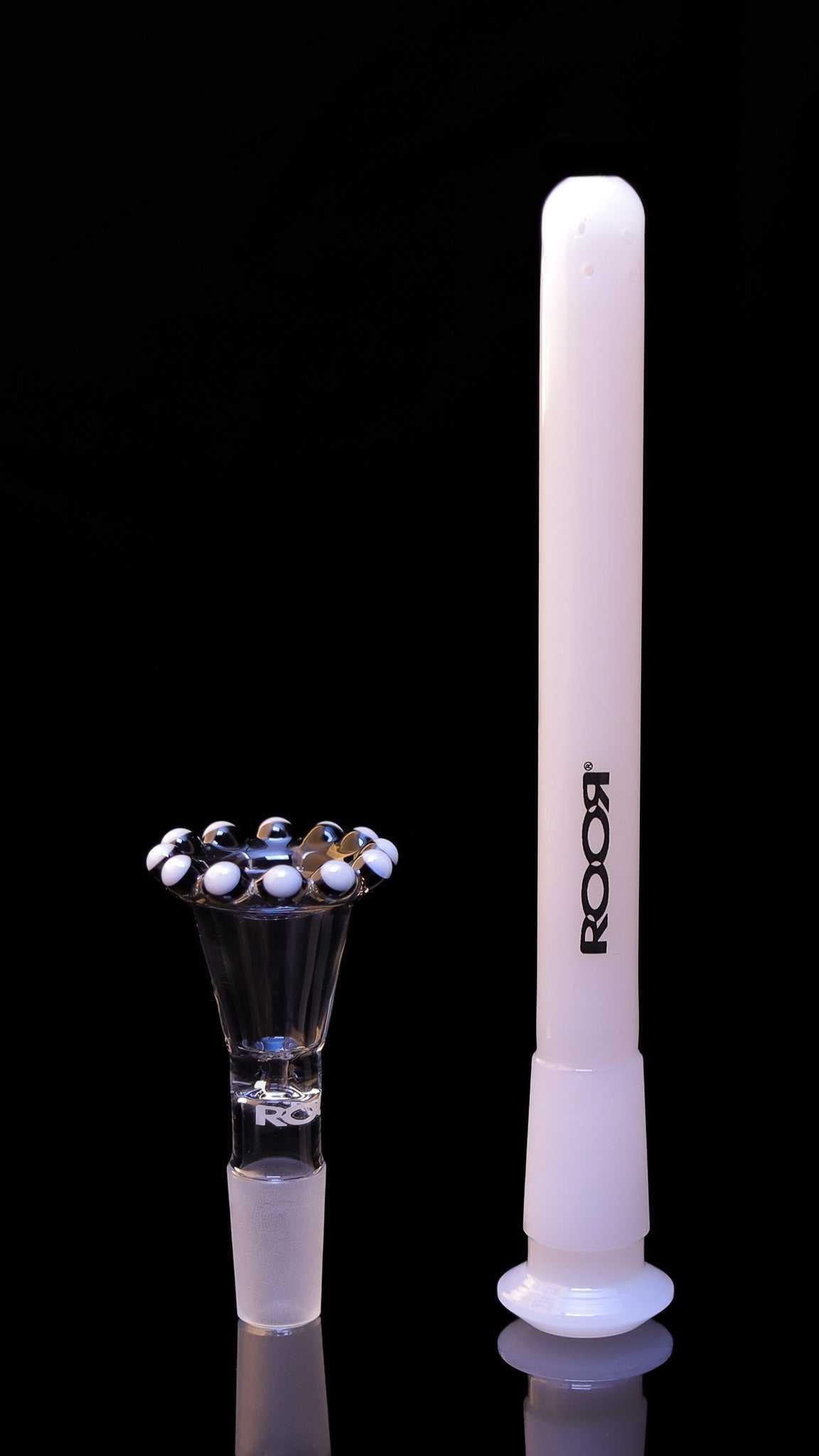 ROOR® Crown 14mm funnel bowl with white full color downstem set on black background