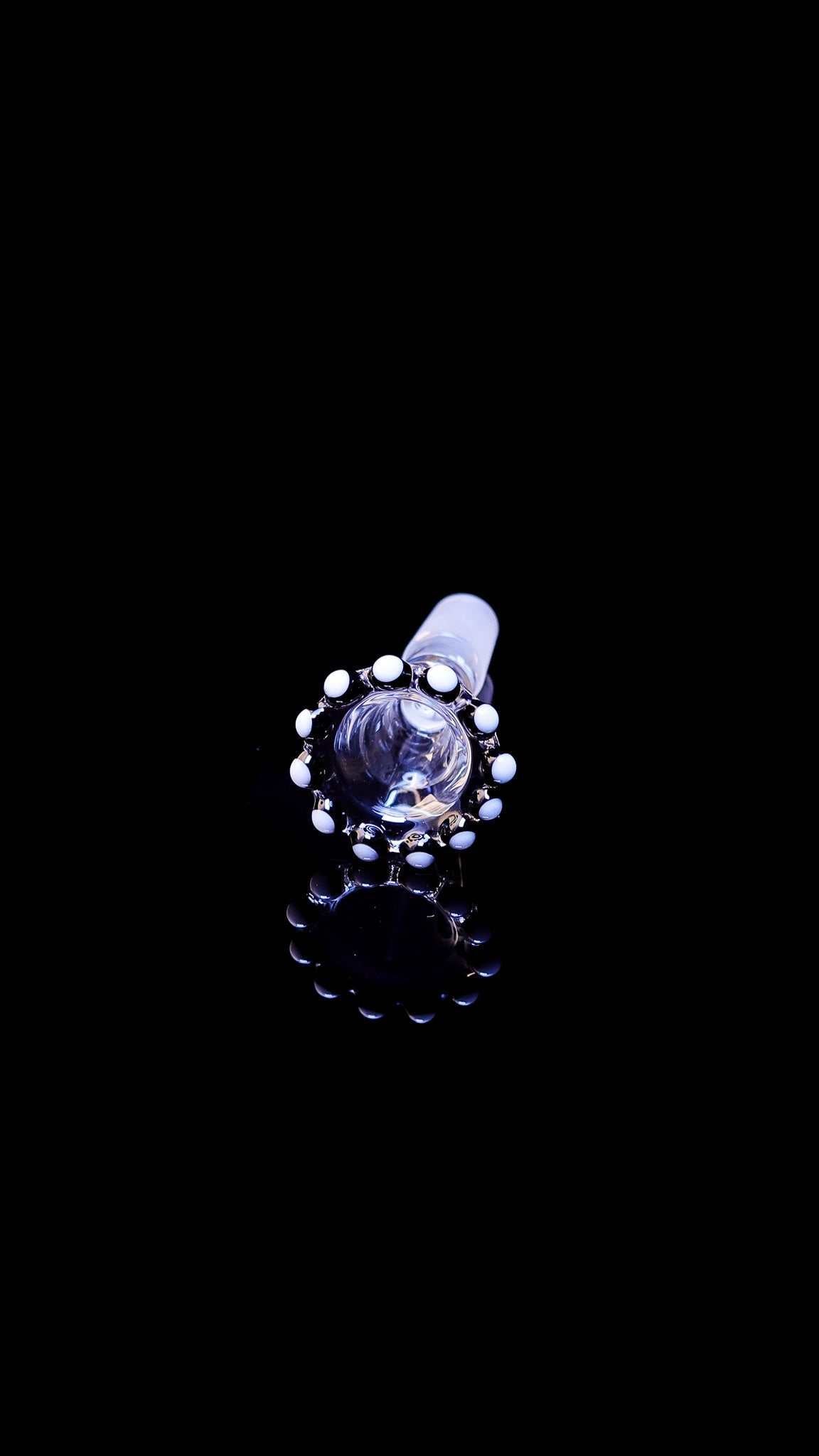 ROOR® Crown 14mm funnel bowl with black and white accents and full color downstem on black background