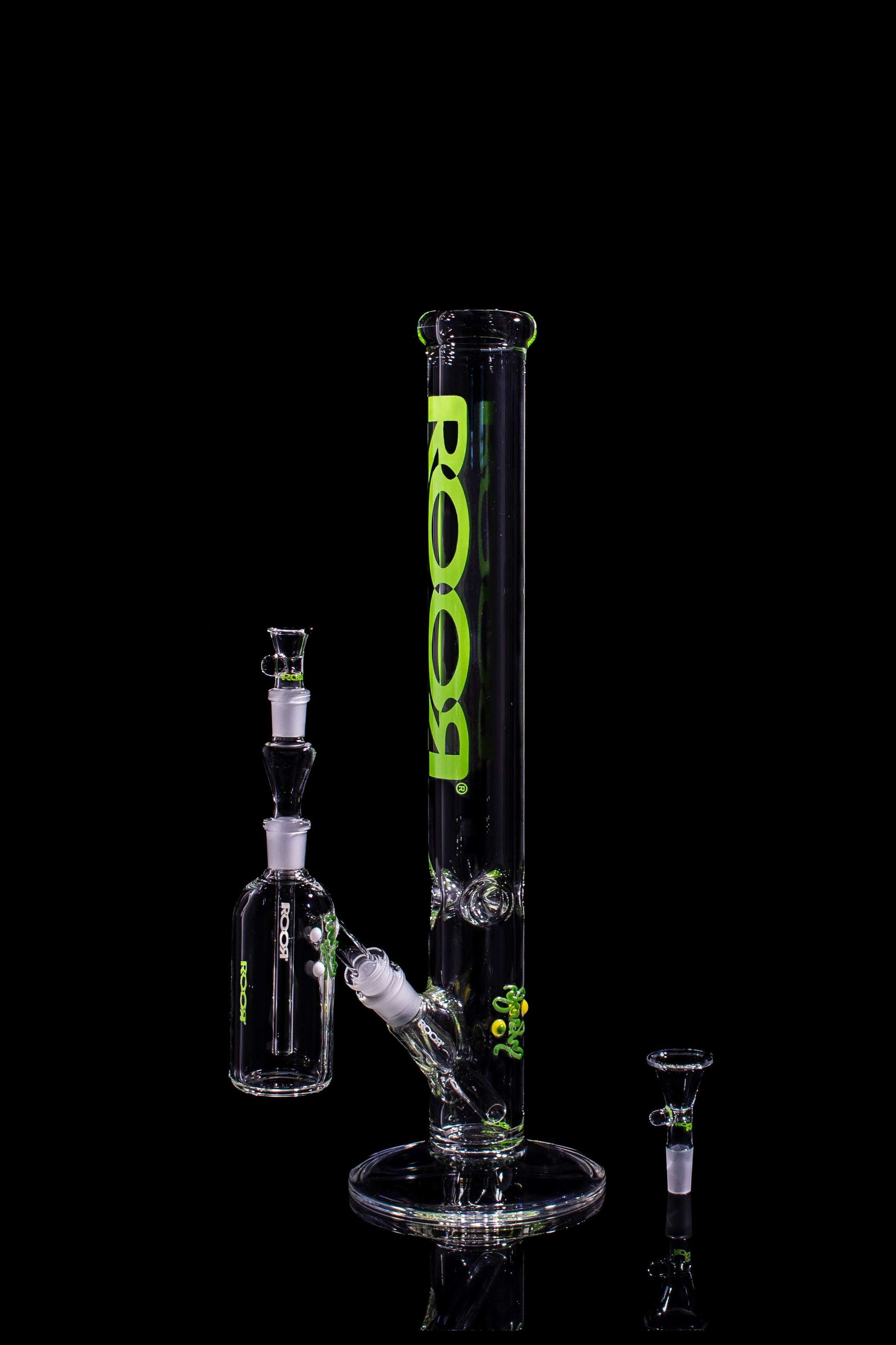 Exclusive ROOR 18-inch straight glass base with green label and matching ashcatcher bundle set