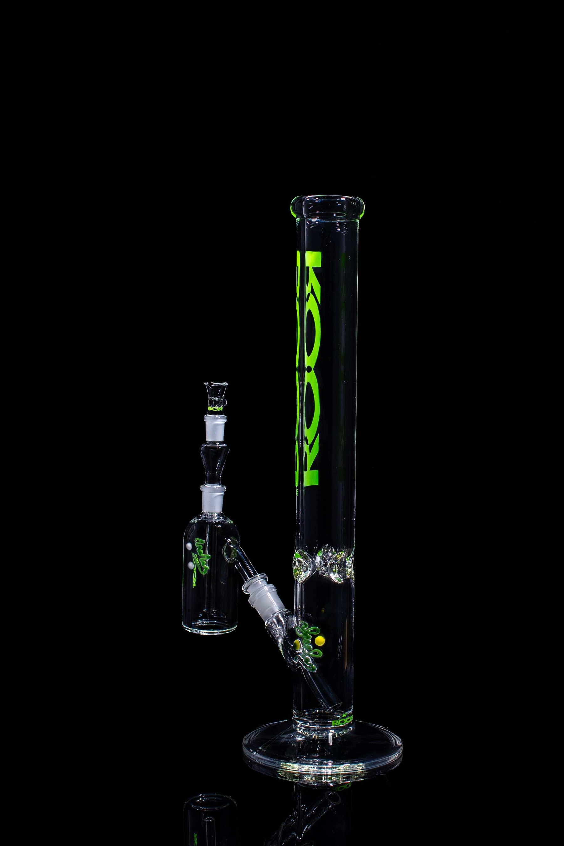 Exclusive ROOR 18-inch straight base glass bong with green label and matching ashcatcher 14mm 45-degree joint collectors bundle set