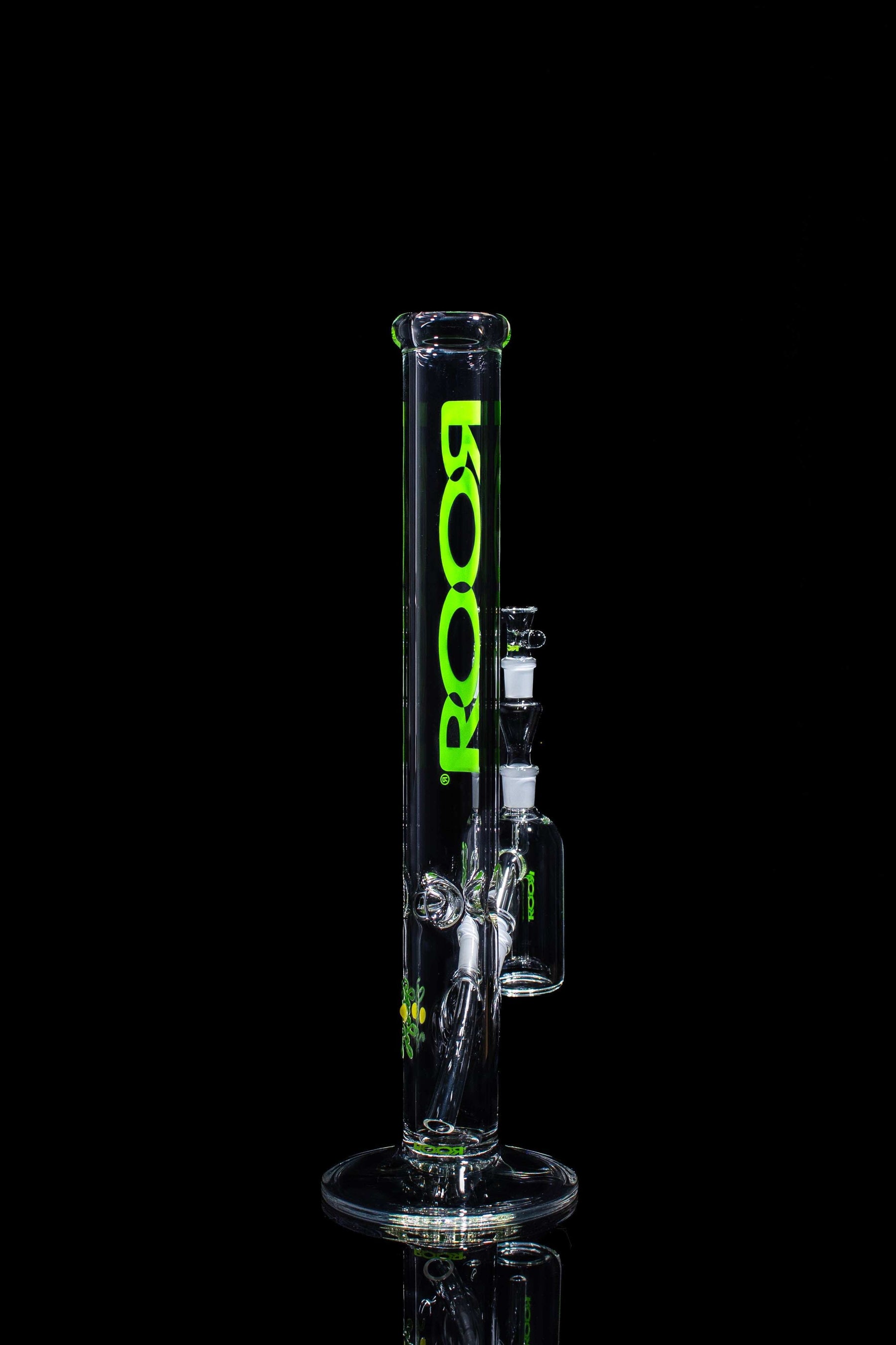 Exclusive ROOR 18-inch straight base bong with green label and matching 14mm ashcatcher bundle set