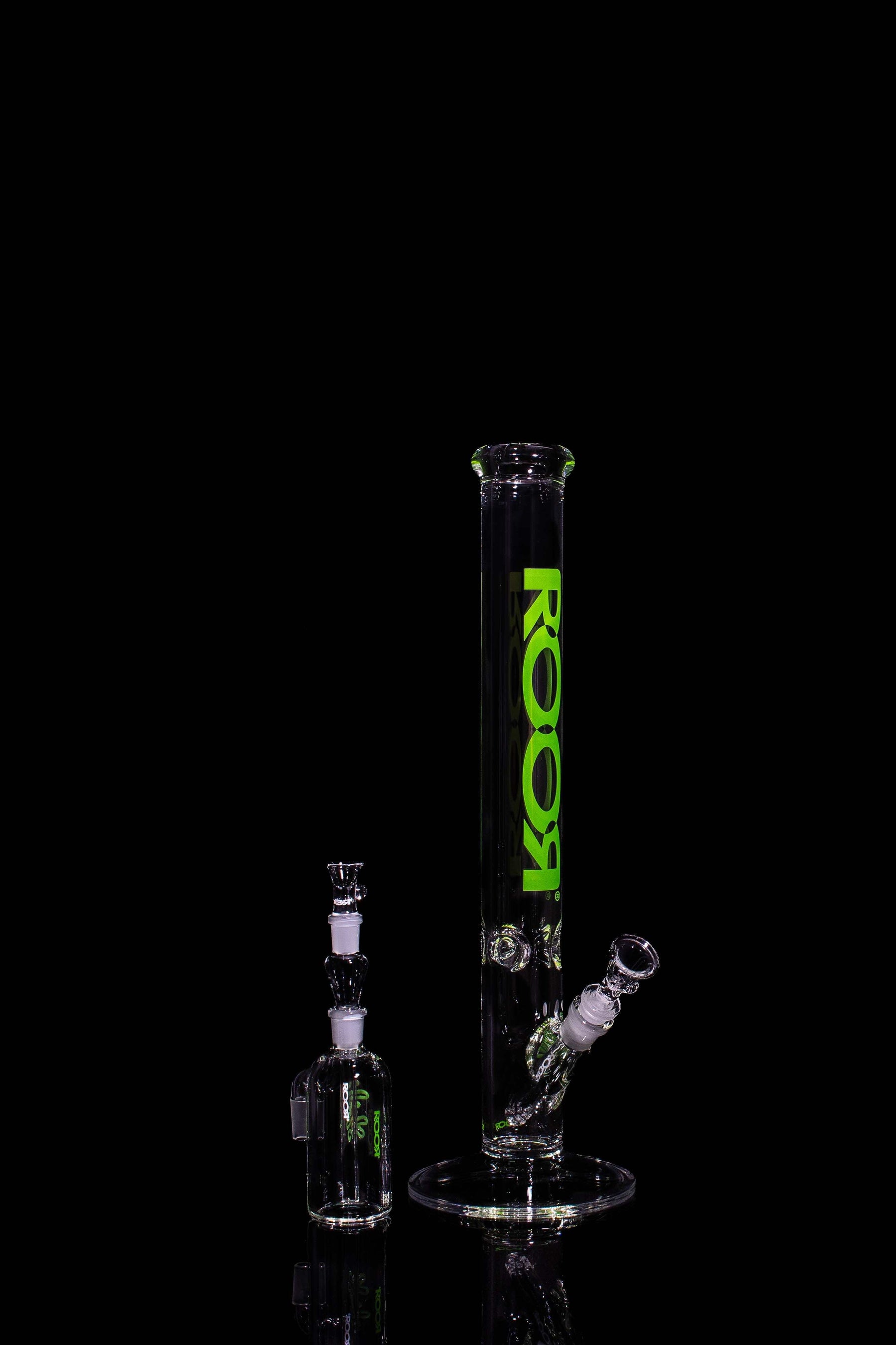 ROOR 18-inch straight base glass bong with green label and matching ashcatcher on black background