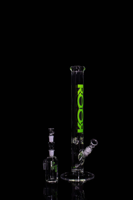 ROOR 18-inch straight base glass bong with green label and matching ashcatcher on black background