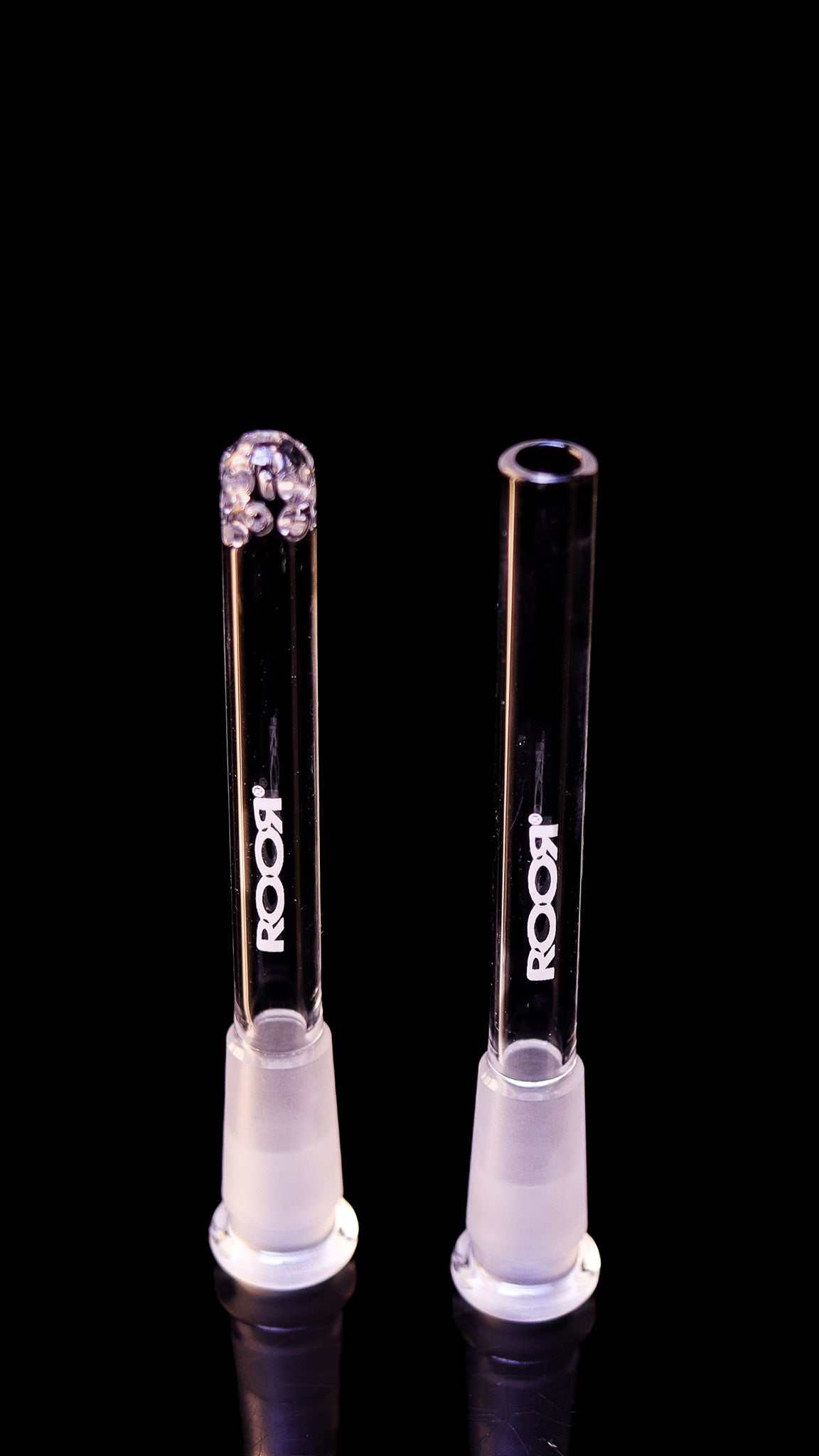 ROOR® Mini Downstem 14.5mm to 10mm glass accessory on black background.