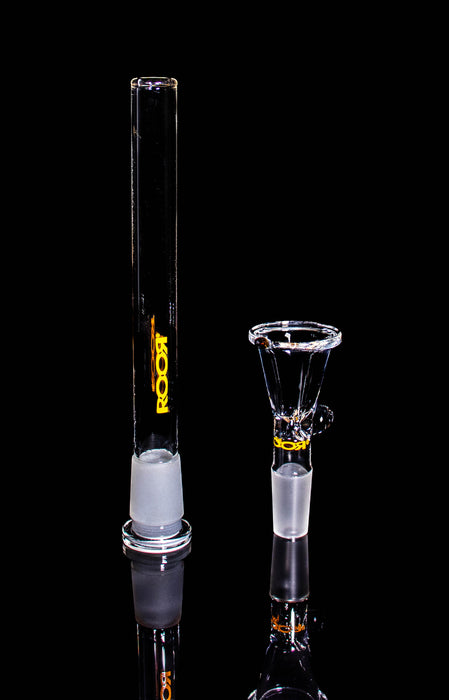 ROOR® Downstem & Bowl Set with Orange Decal on black background.