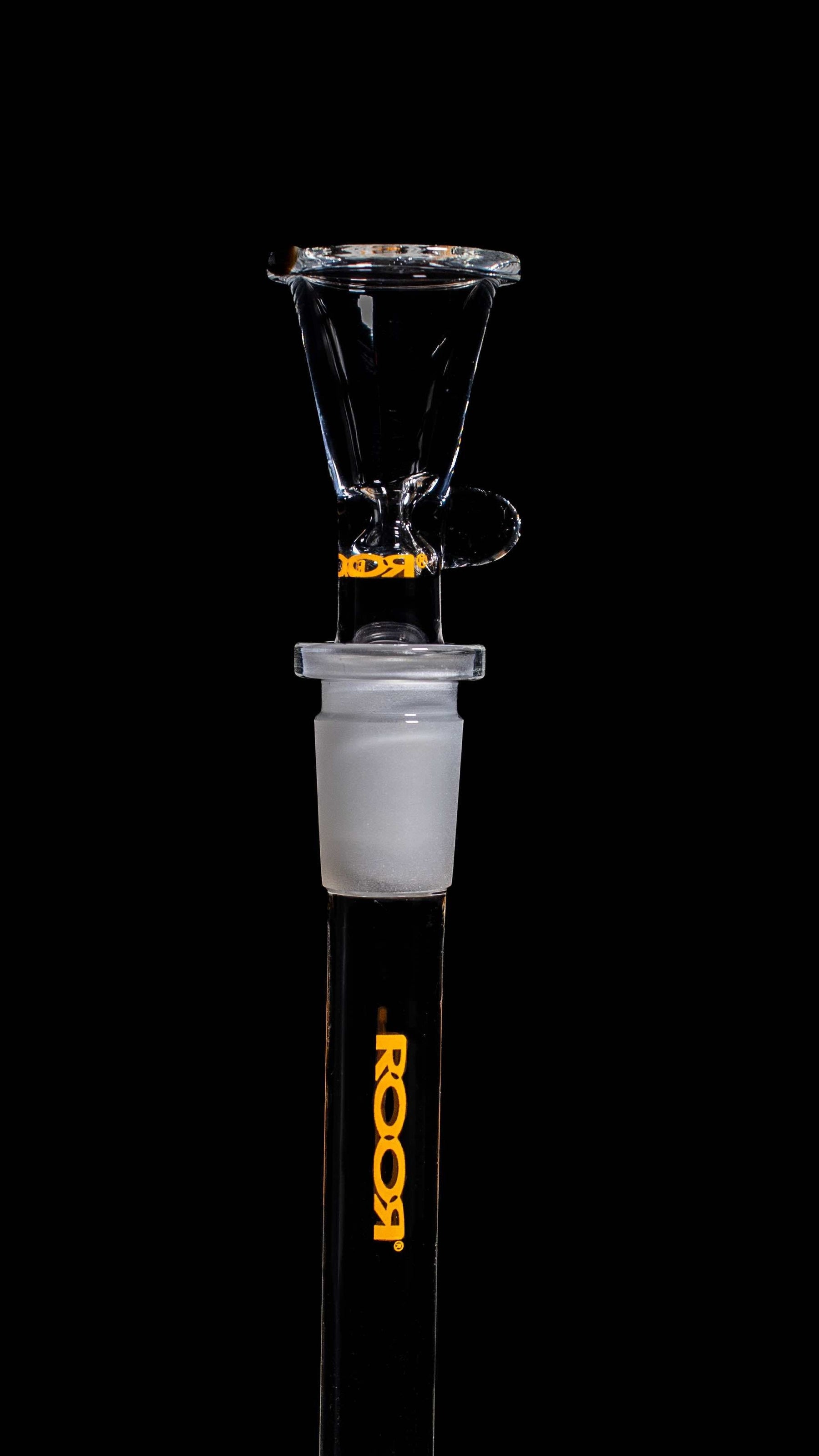ROOR® Downstem & Bowl Set with Orange Decal on glassware against a black background.