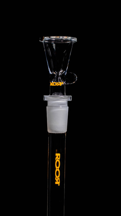 ROOR® Downstem & Bowl Set with Orange Decal on glassware against a black background.