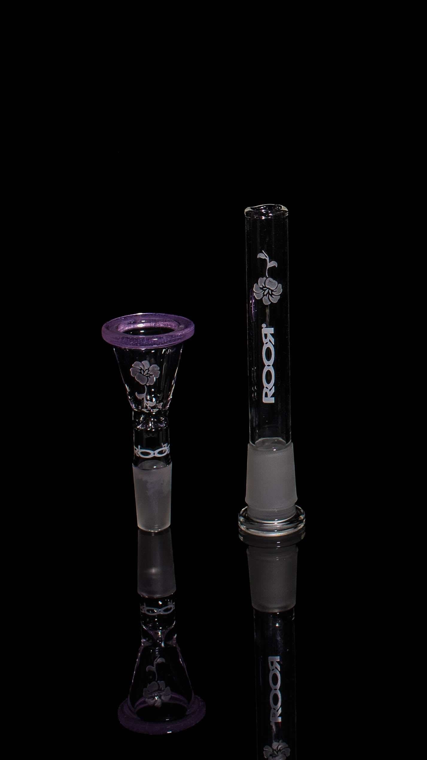 ROOR® Downstem with purple rim flower design 14mm bowl and clear white decal color rim bowl set