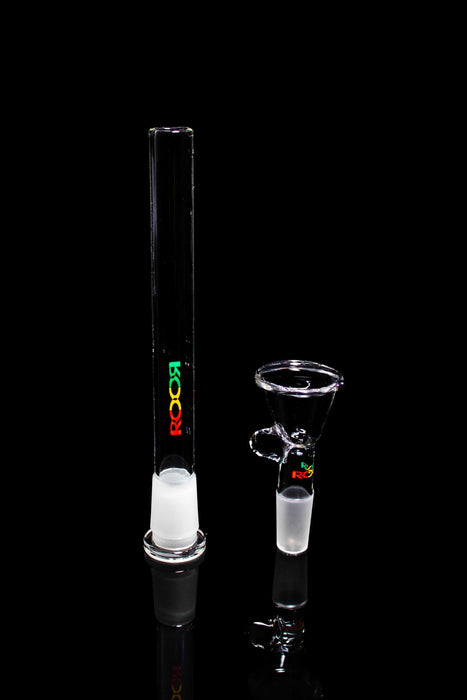 ROOR® Downstem & Bowl Set with Rasta decal, clear glass, vibrant accents.