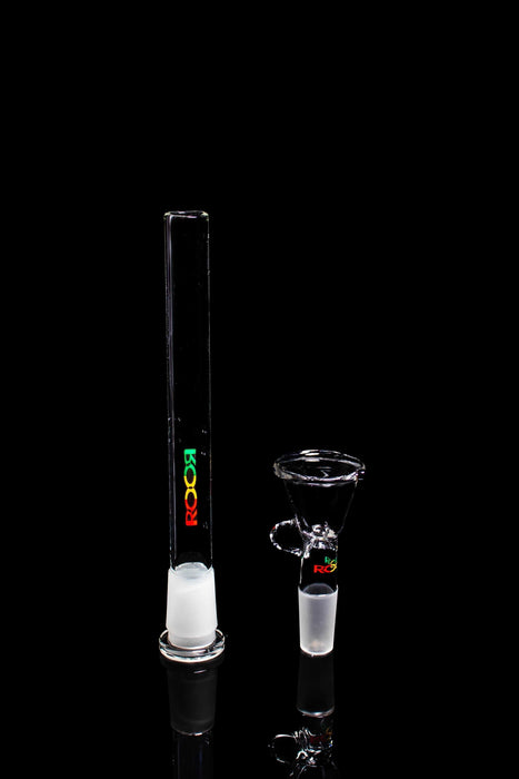 ROOR® Downstem & Bowl Set with Rasta Decal on black background.