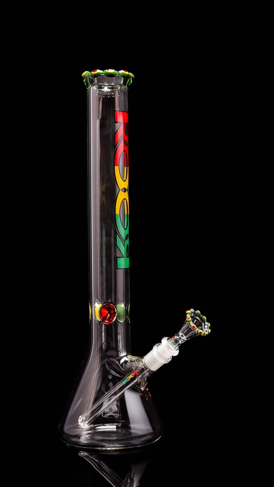 ROOR® Classic 18" Beaker 50x5mm Triple Crown RASTA edition with colorful Rasta-themed accents and ice pinches for cooling.