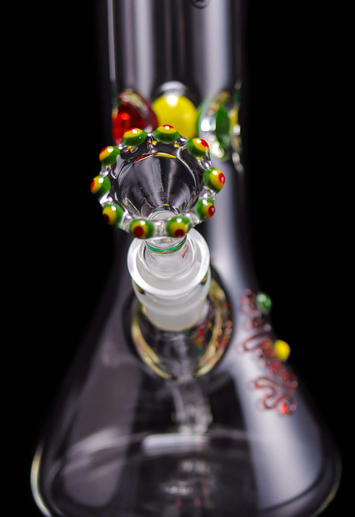 ROOR® Classic 18" Beaker 50x5mm Triple Crown RASTA glass, featuring unique design with colorful accents, built-in ice pinches, and medium funnel bowl.