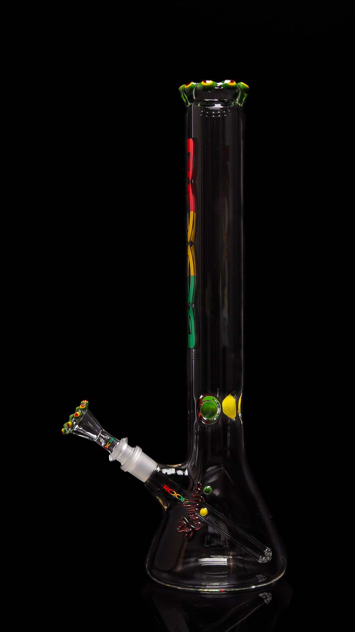 ROOR® Classic 18" Beaker 50x5mm Triple Crown RASTA with colorful accents against black background.