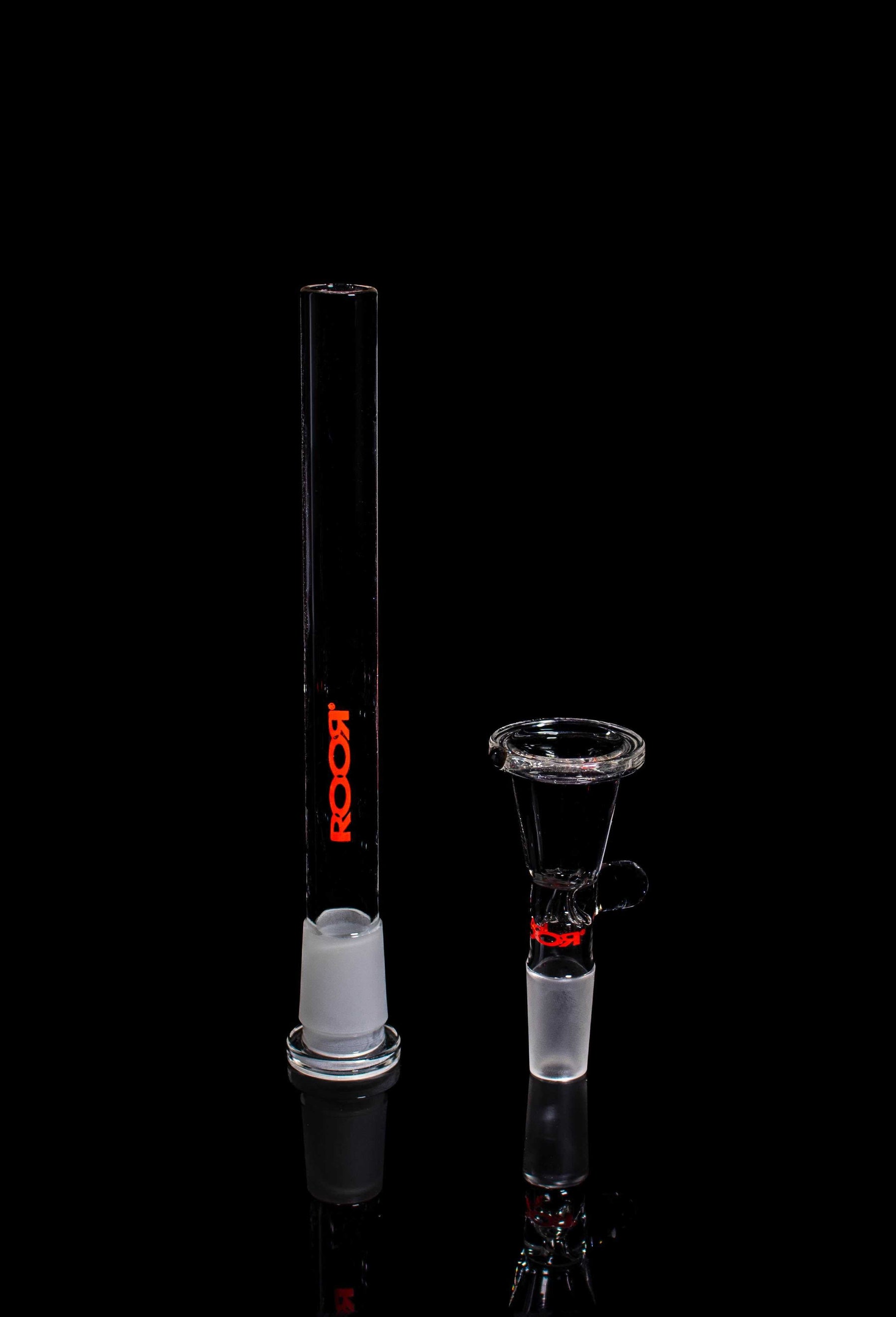 ROOR® Downstem & Bowl Set with Red Decal against black background.
