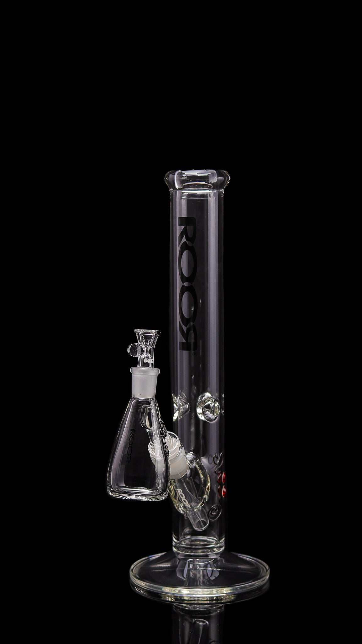 Exclusive ROOR 14-inch straight glass bong with matching decal debris catcher and 14mm joint.