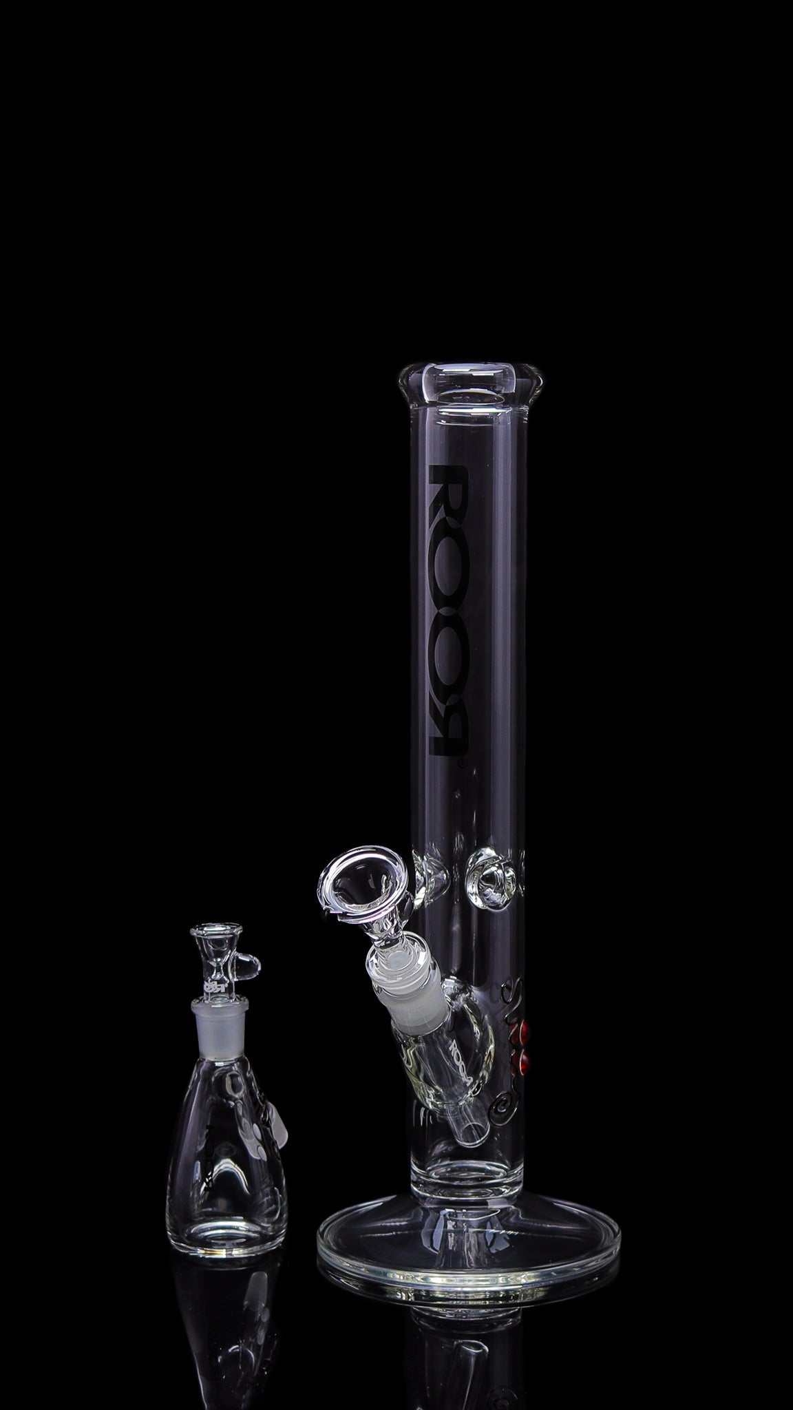 Exclusive ROOR 14” Straight glass bong with matching decal 14mm debris catcher collector's bundle set