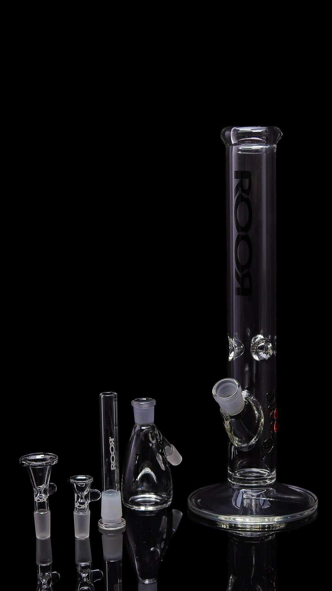 Exclusive ROOR 14” Straight glass bong with matching decal debris catcher and accessories collector's bundle set
