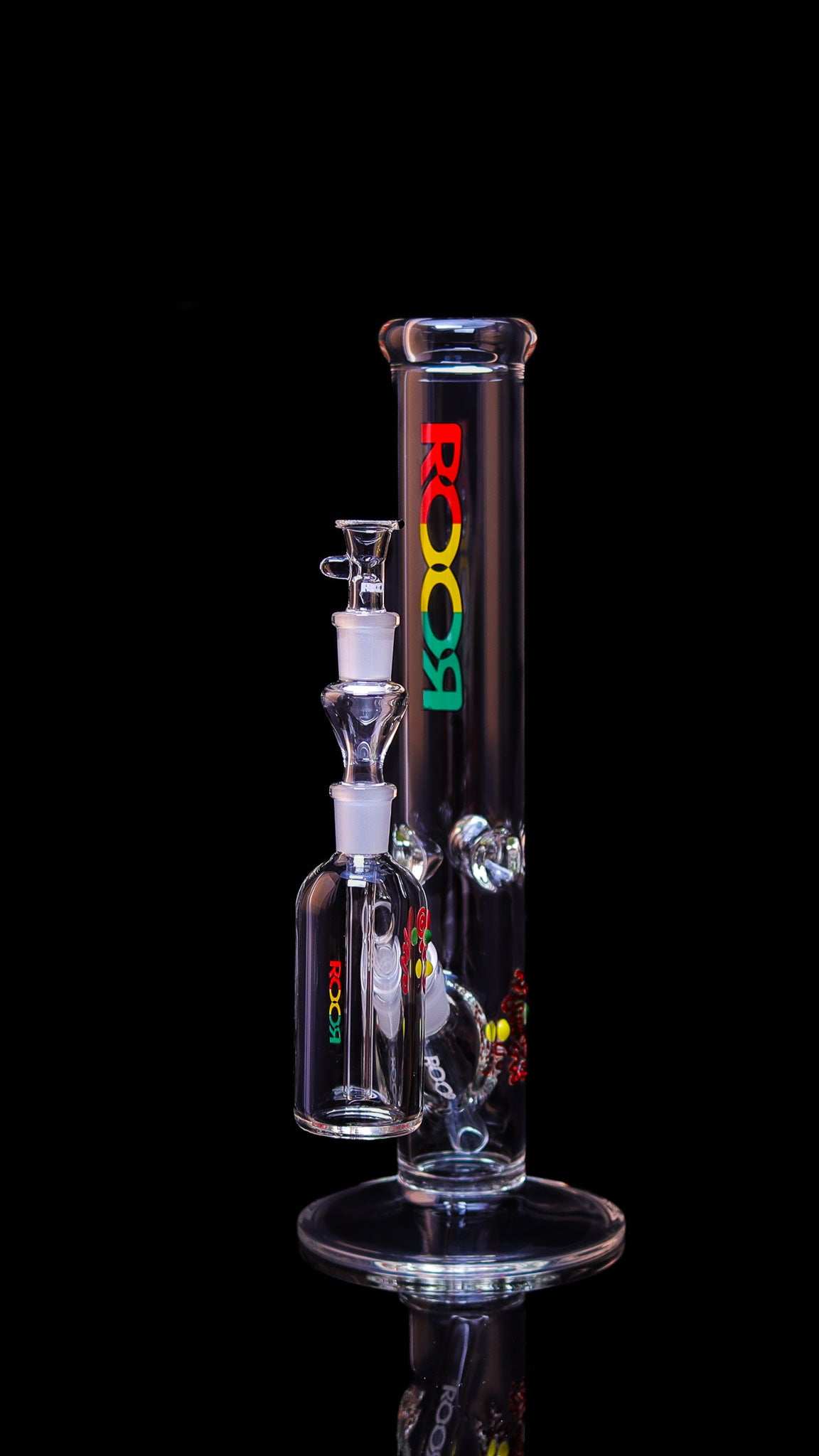 Exclusive ROOR 14” Straight Base 50x5 RASTA Label with Matching Ashcatcher 45x5 14mm Collectors Set.