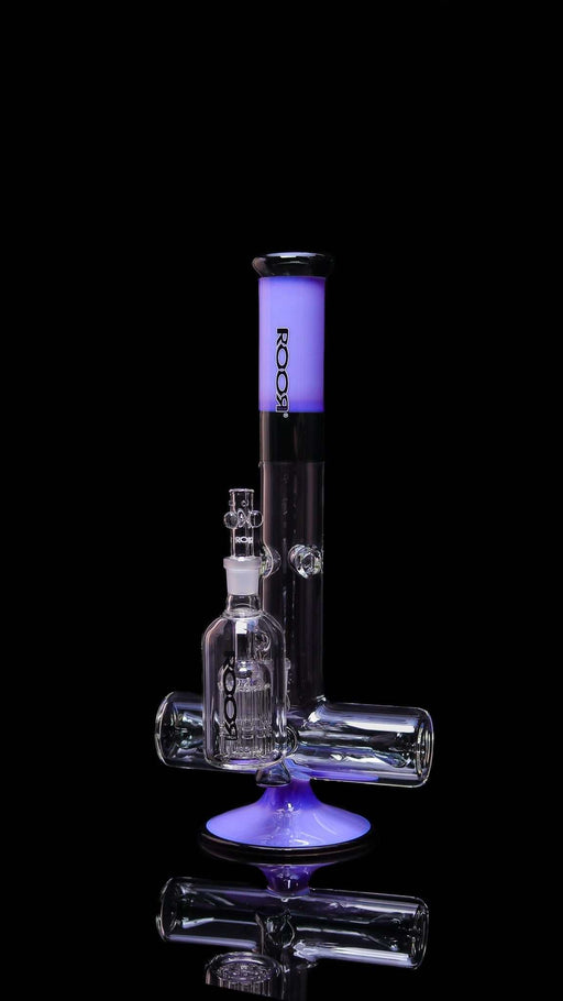 ROOR Tech Inline 18" purple and black glass water pipe with matching 10-arm ashcatcher on black background