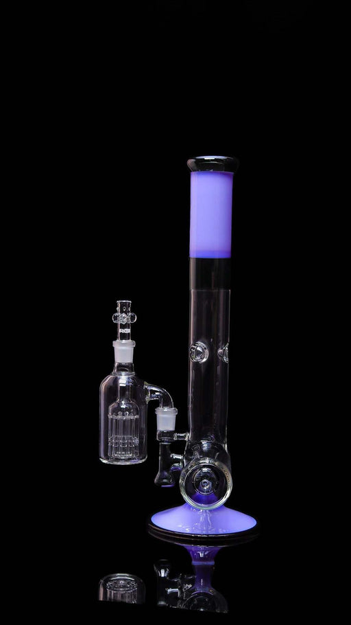 ROORTech 18" purple and black glass inline bong with matching 10-arm ashcatcher collector set