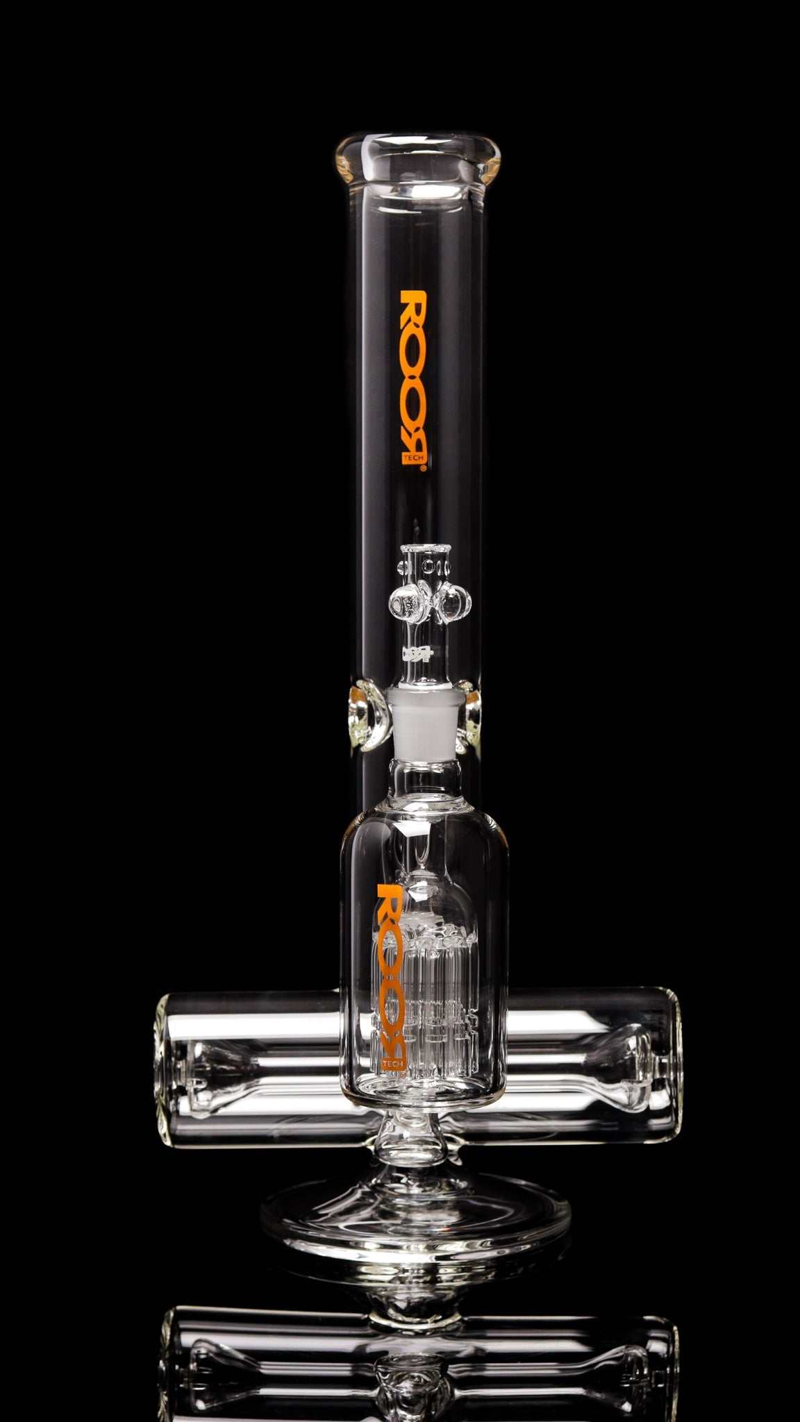 ROORTech® Inline 18" clear glass water pipe with orange logo and matching 10-arm ashcatcher for smooth, cool hits.