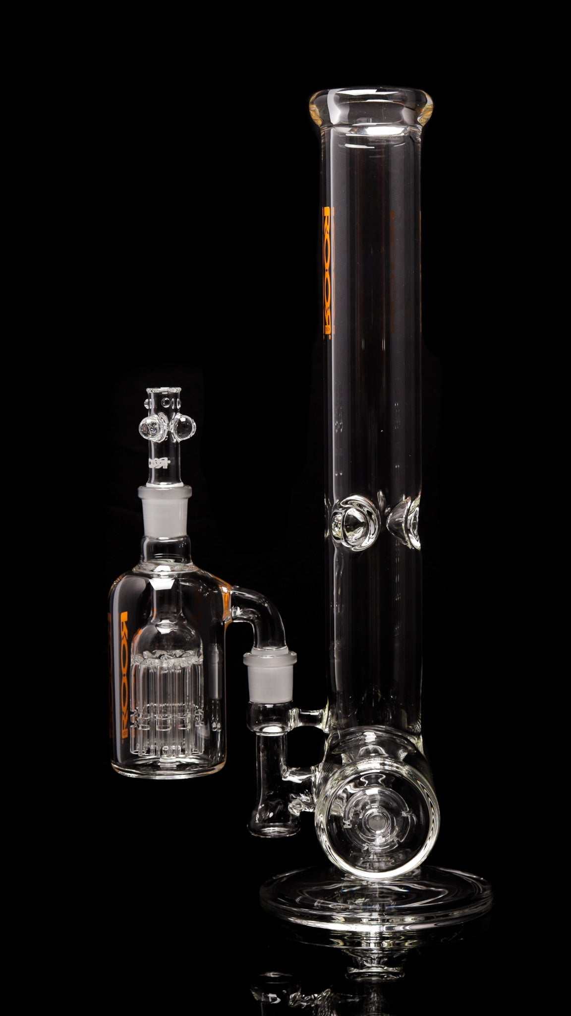 ROORTech® 18-inch inline glass bong with 50x5mm thickness and matching 10-arm ashcatcher in clear glass with orange decal.