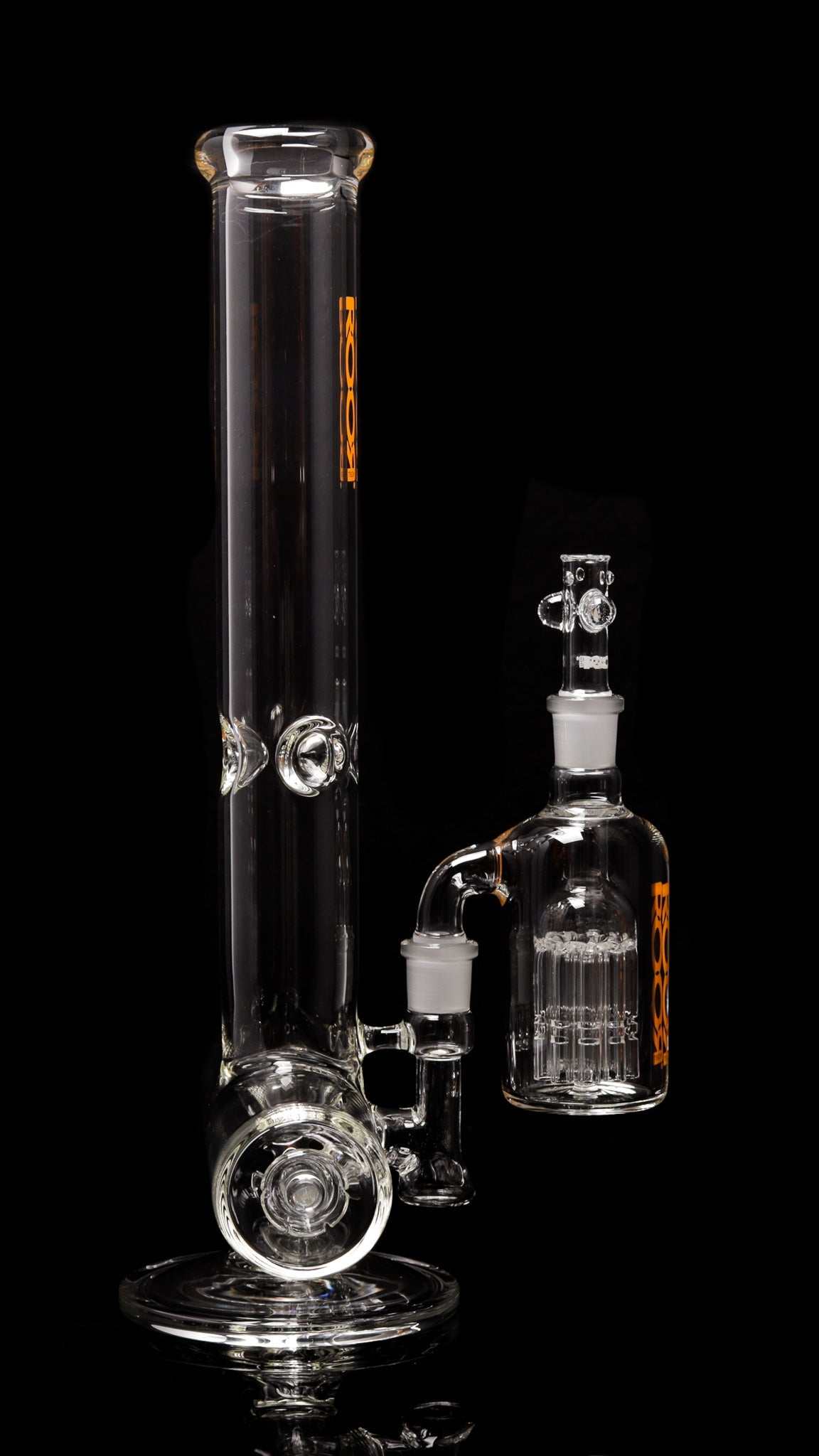 ROORTech 18-inch inline water pipe with orange decal and matching 10-arm ashcatcher glass set