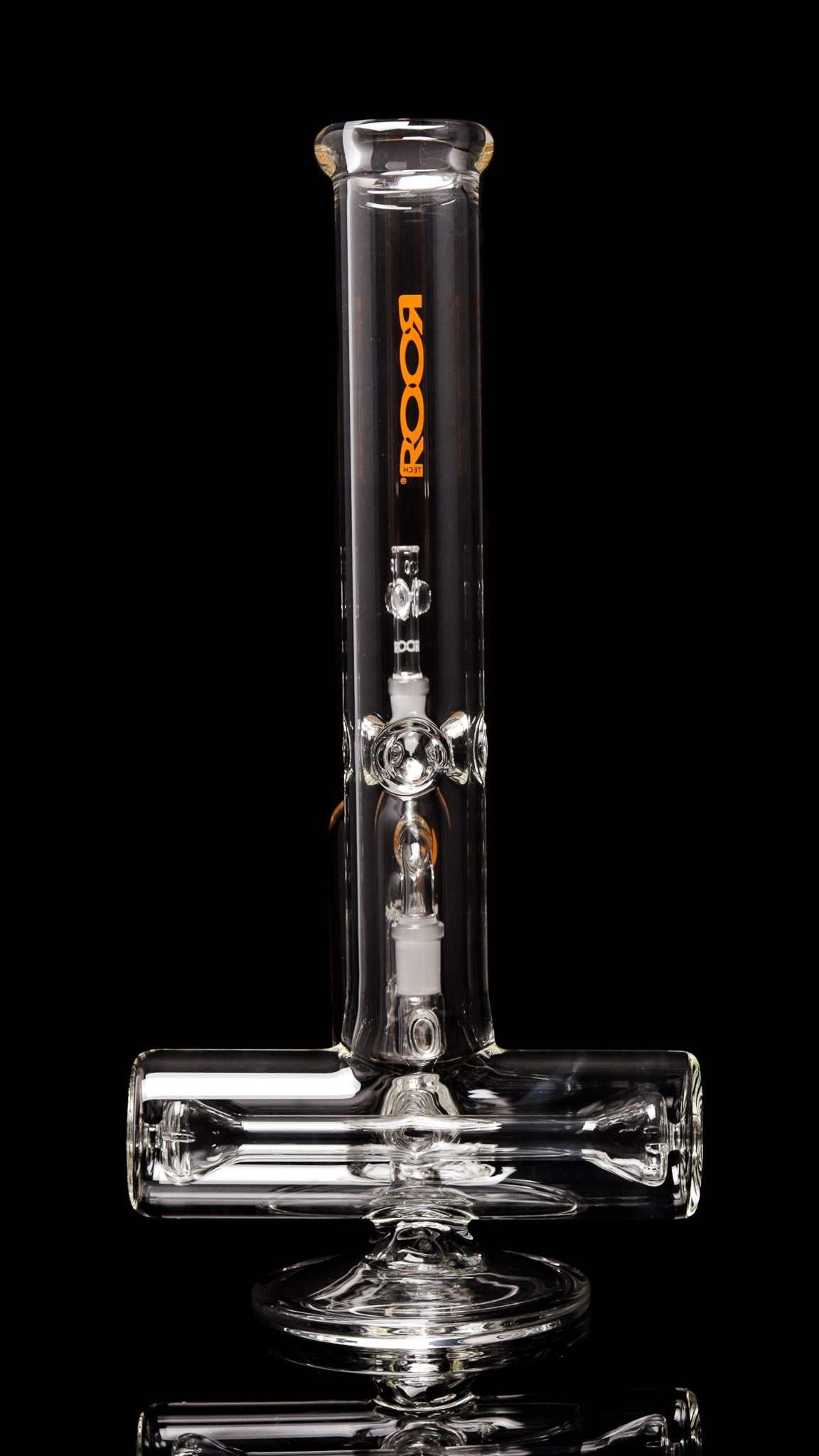 ROORTech® 18-inch inline clear glass water pipe with orange logo and matching 10-arm ashcatcher for smooth, cooled hits.