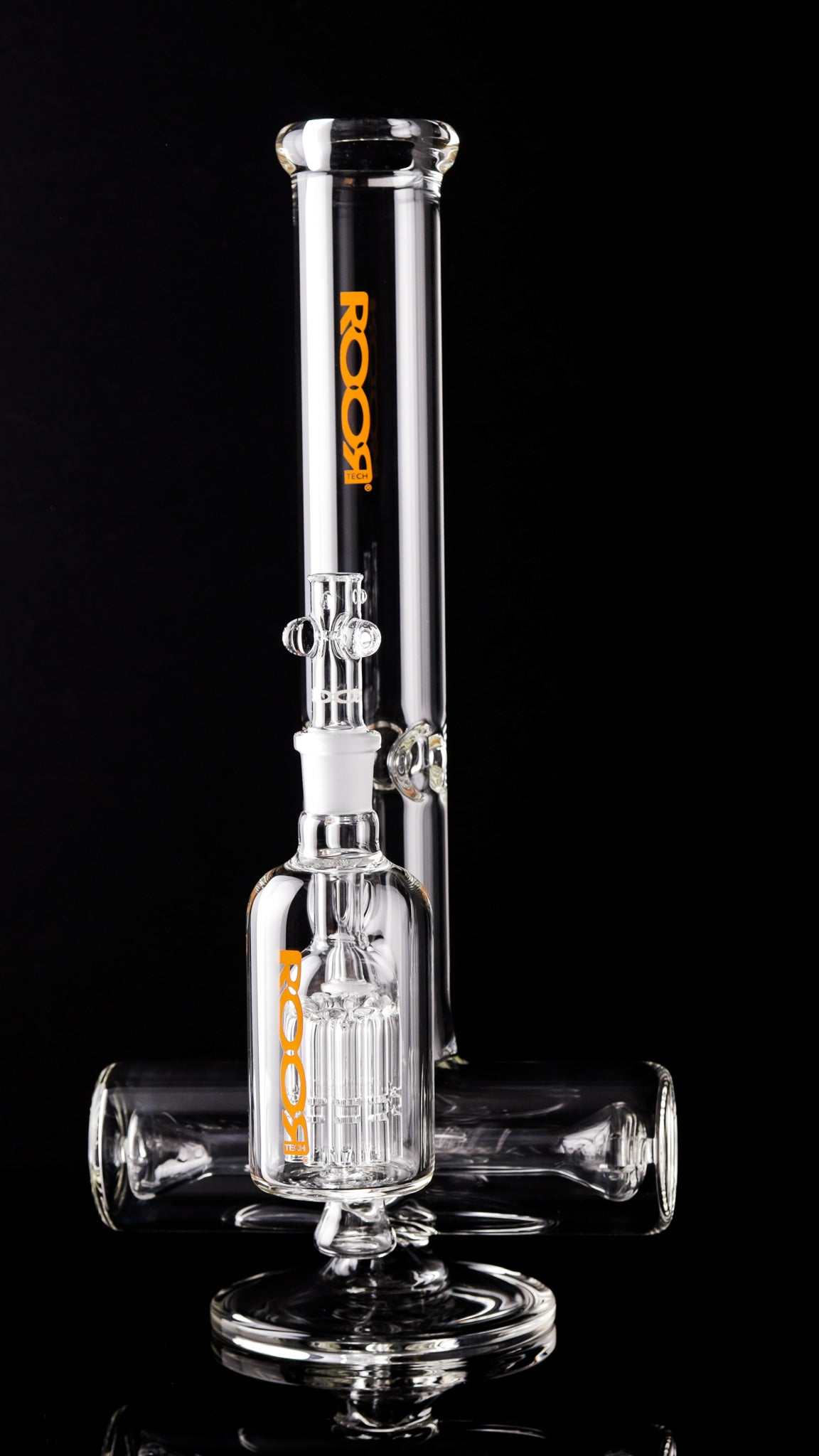 ROOR Tech 18" inline glass water pipe with orange logo and matching 10-arm ashcatcher for smoother, cooler hits.