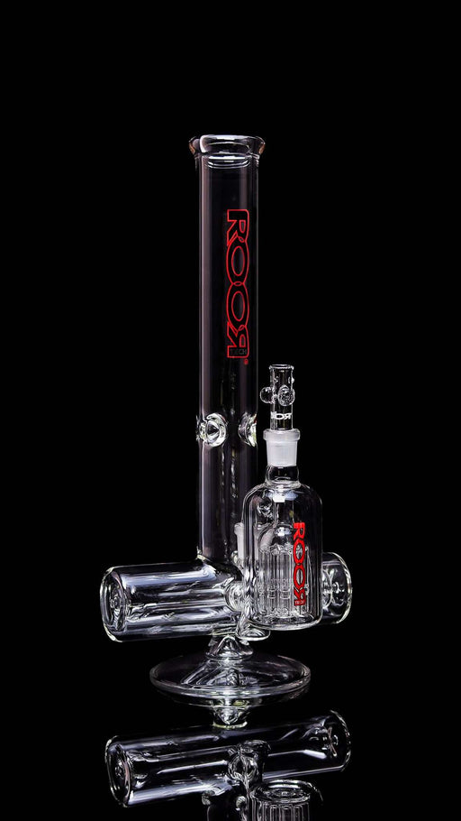 Collectors Set ROORTech Inline 18" black and red glass water pipe with matching 10-arm ashcatcher, featuring enhanced percolation and cooling.