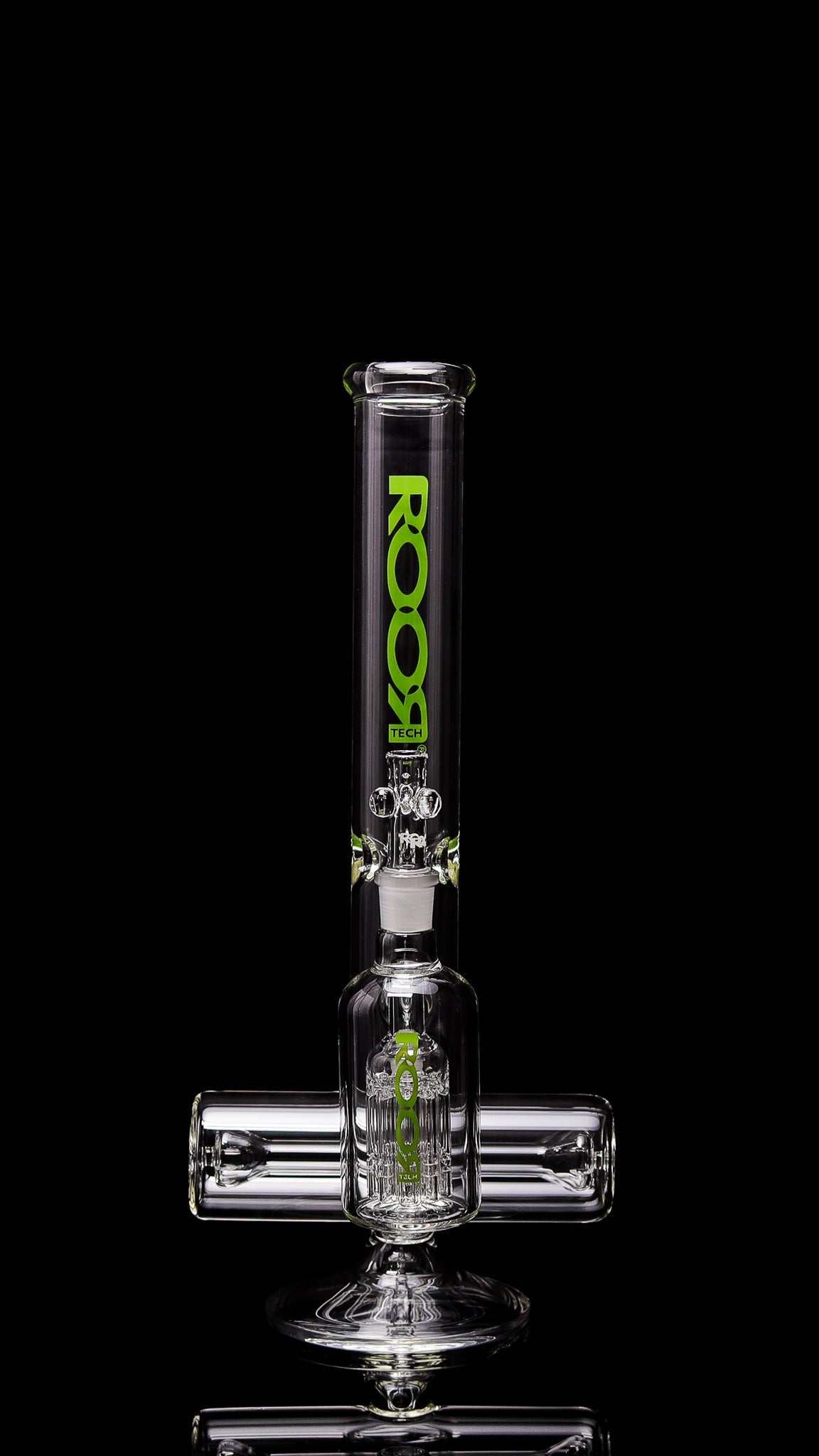 ROORTech 18" inline glass water pipe with green logo and matching 10-arm ashcatcher for smoother hits