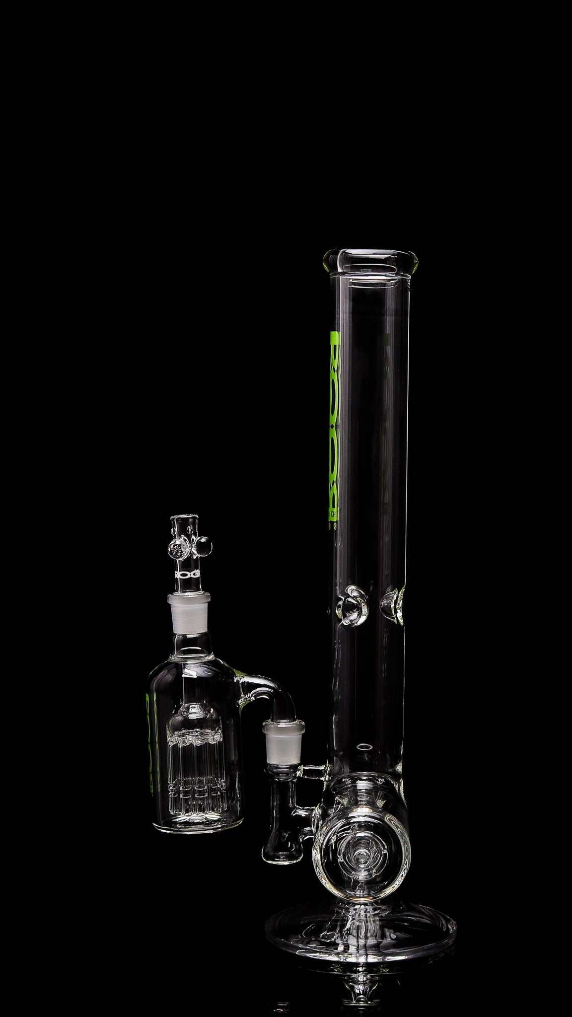 ROORTech 18-inch inline glass water pipe with green decal and matching 10-arm ashcatcher on black background