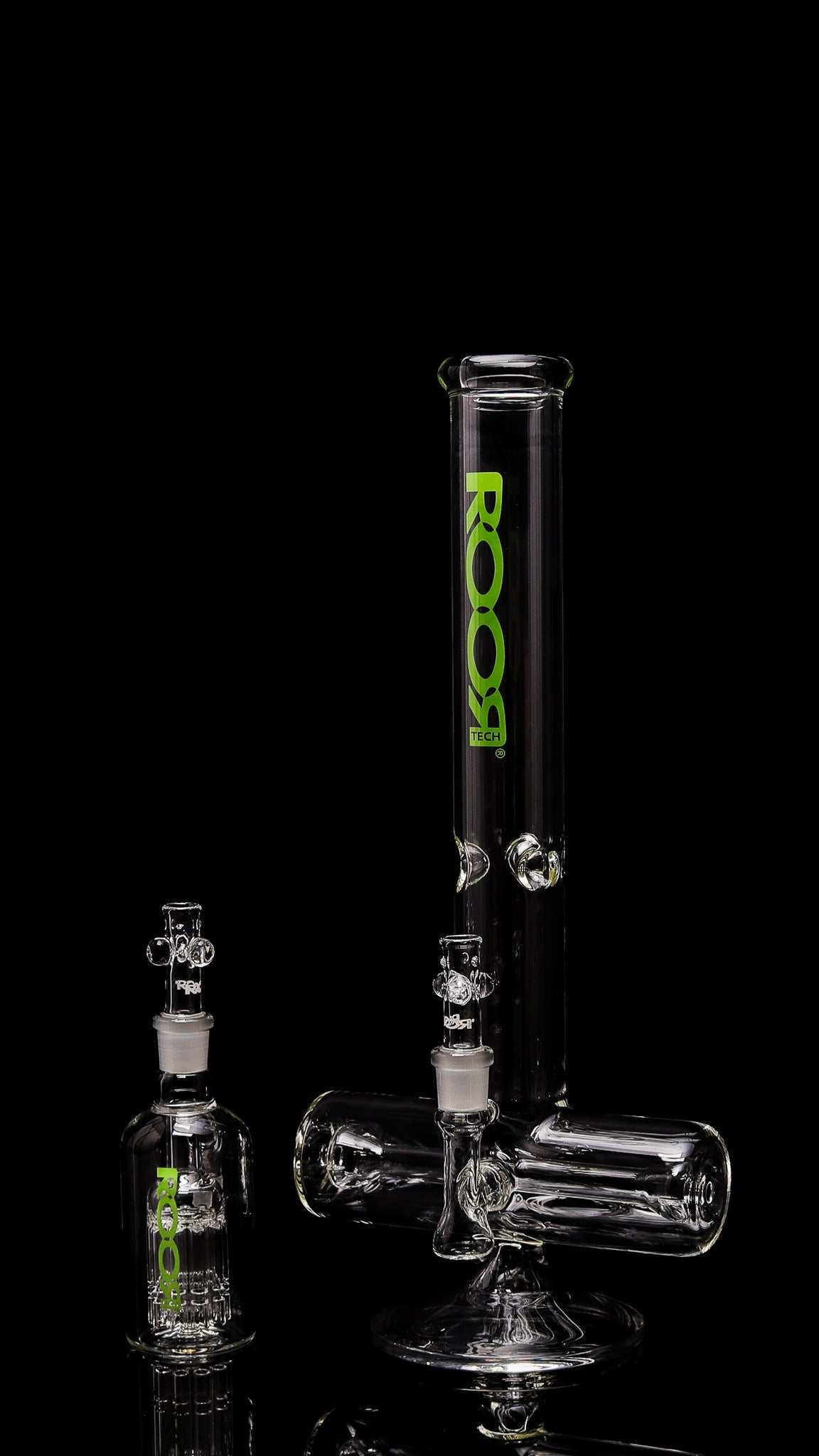 ROORTech 18" inline green glass water pipe with matching 10-arm ashcatcher in clear German Duran Schott glass collector's set
