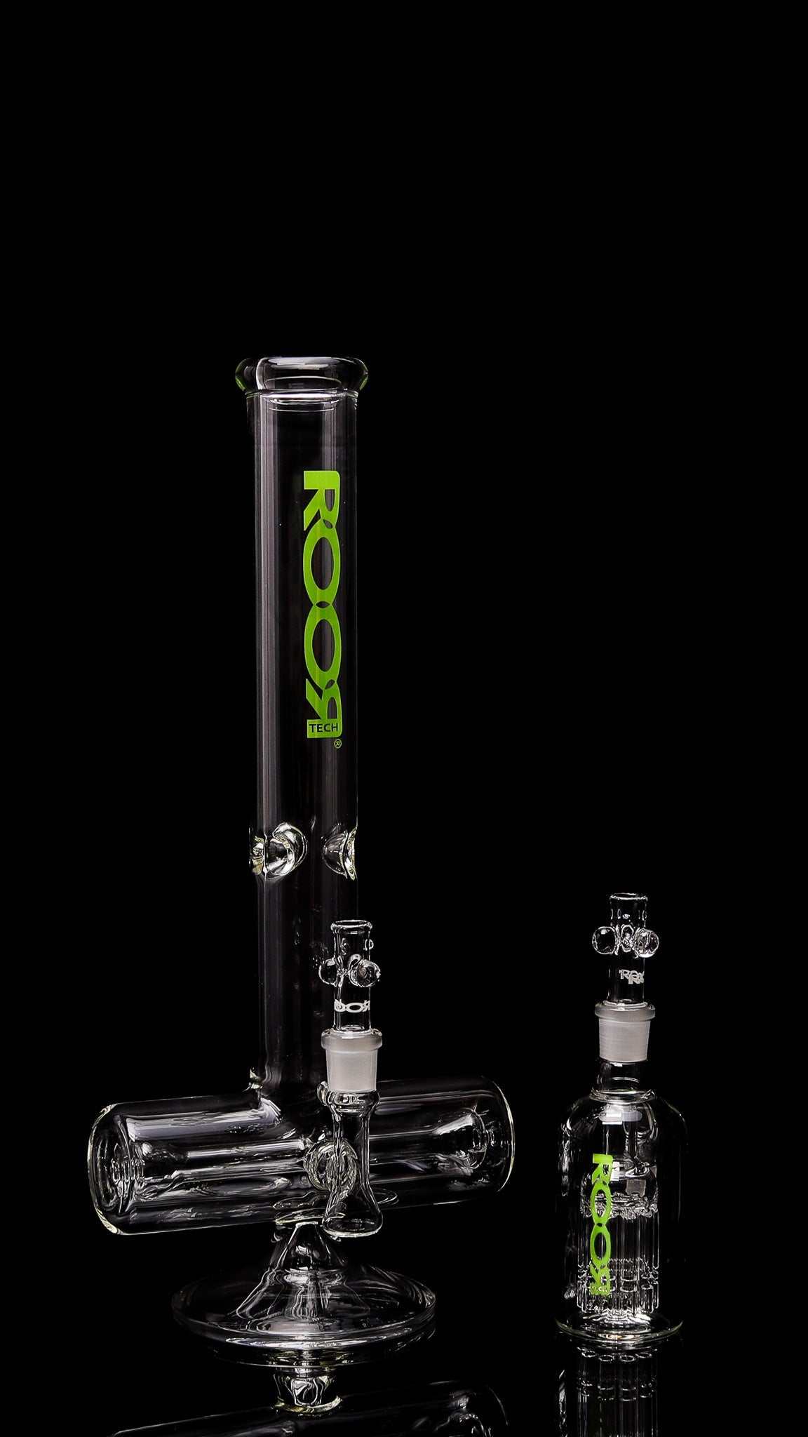ROOR Tech 18" green inline glass bong and matching 10 arm ashcatcher set