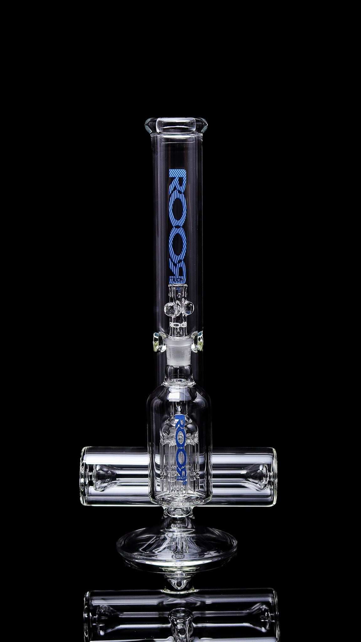 Collectors Set - ROORTech® Inline 18" 50x5mm clear glass water pipe with blue decal and matching 10-arm ashcatcher.