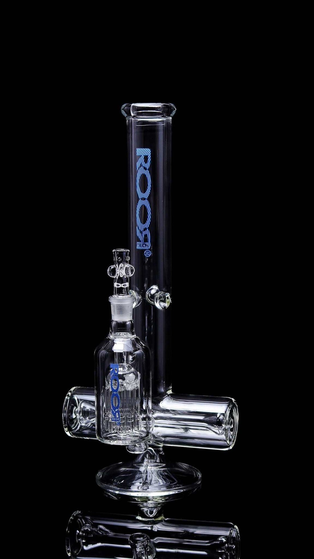 ROORTech® Inline 18" 50x5mm glass bong with blue decal and matching 10-arm ashcatcher for smooth hits collector's set