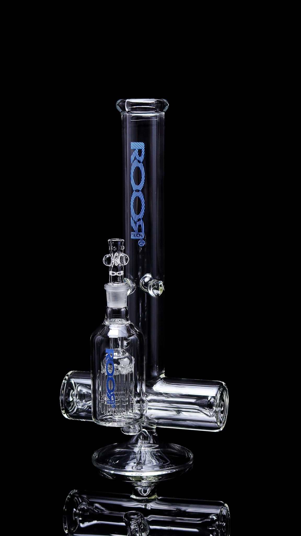 ROORTech® Inline 18" 50x5mm glass bong with blue decal and matching 10-arm ashcatcher for smooth hits collector's set