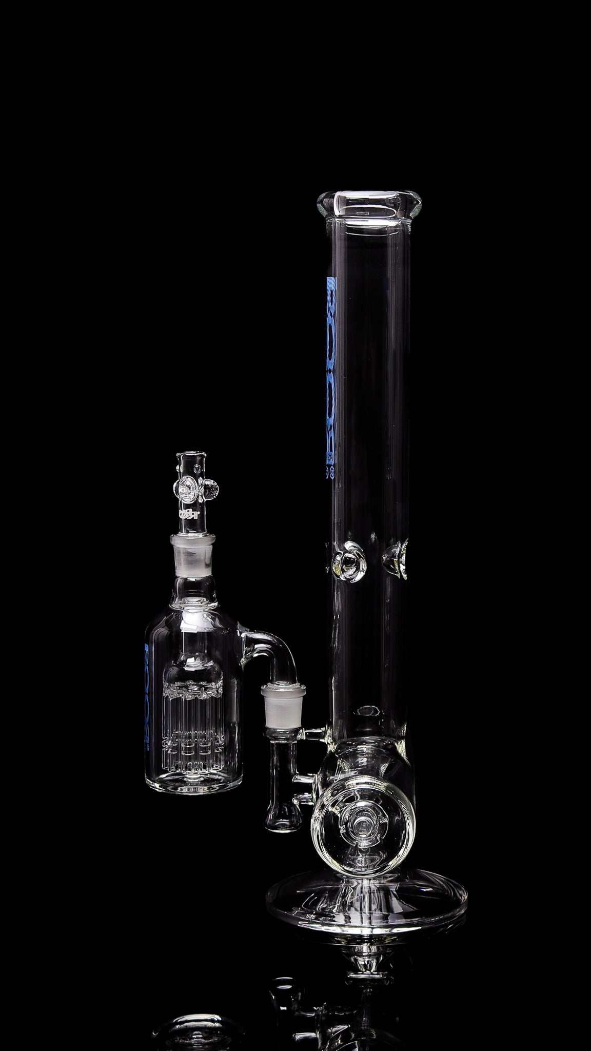Collectors Set ROORTech Inline 18-inch 50x5mm glass water pipe with 10-arm ashcatcher and matching blue decals