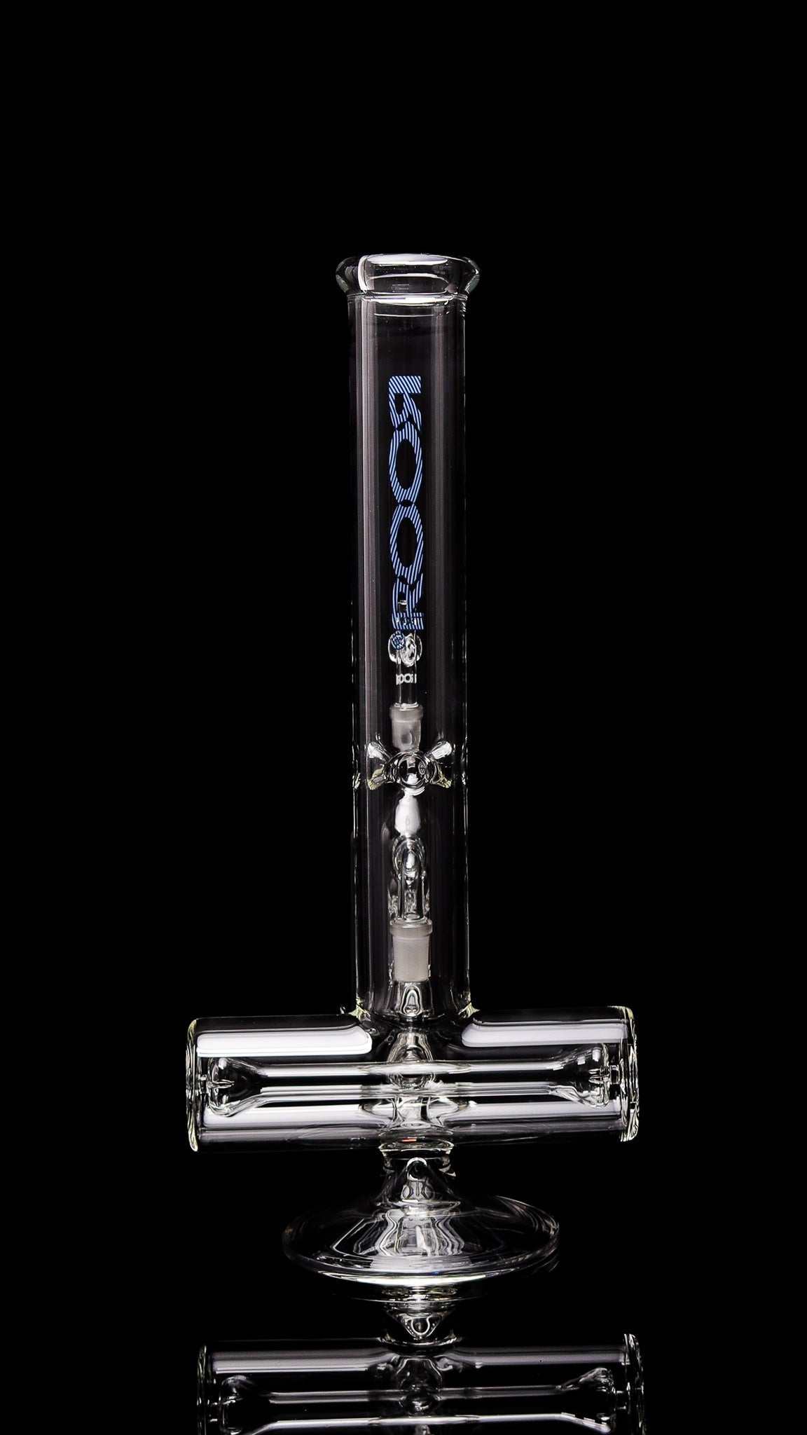 Clear ROOR Tech 18" Inline 50x5mm glass water pipe with blue decal and matching 10-arm ashcatcher for smooth hits