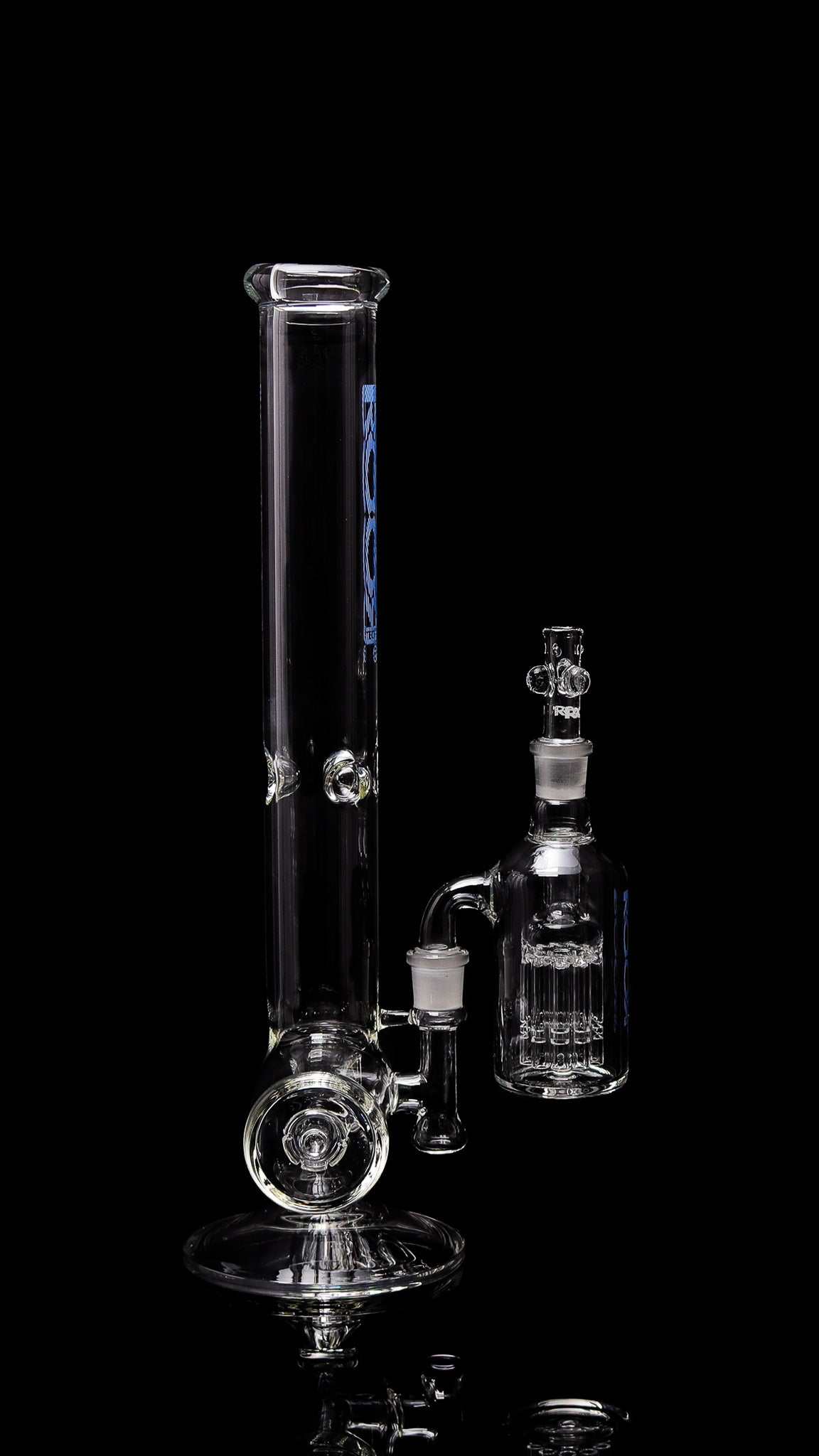 Collectors Set ROORTech Inline 18-inch 50x5mm clear glass water pipe with matching 10-arm ashcatcher and bowl on black background