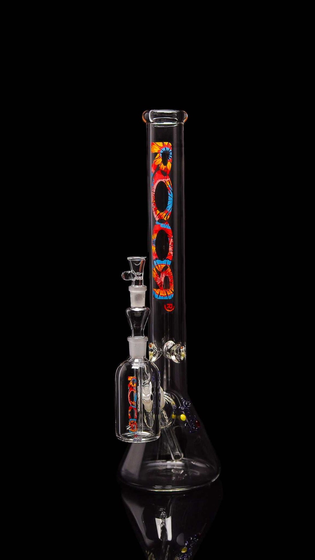 Exclusive ROOR 18” Beaker Base and Ashcatcher Set with Tie Dye Label, 50x5mm Glass, 14mm Joint, Collectors Bundle.