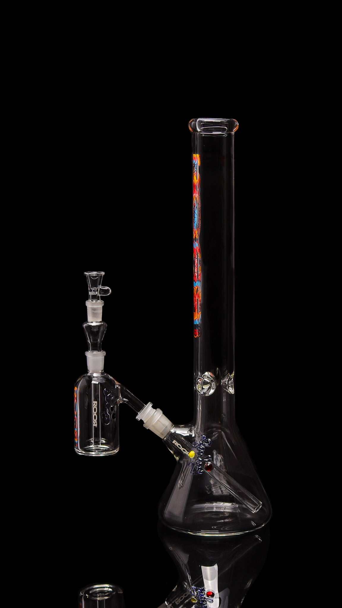 Exclusive ROOR 18” Beaker Base 50x5 Tie Dye Label with Matching Ashcatcher 50x5 14mm, Collectors Bundle Set.