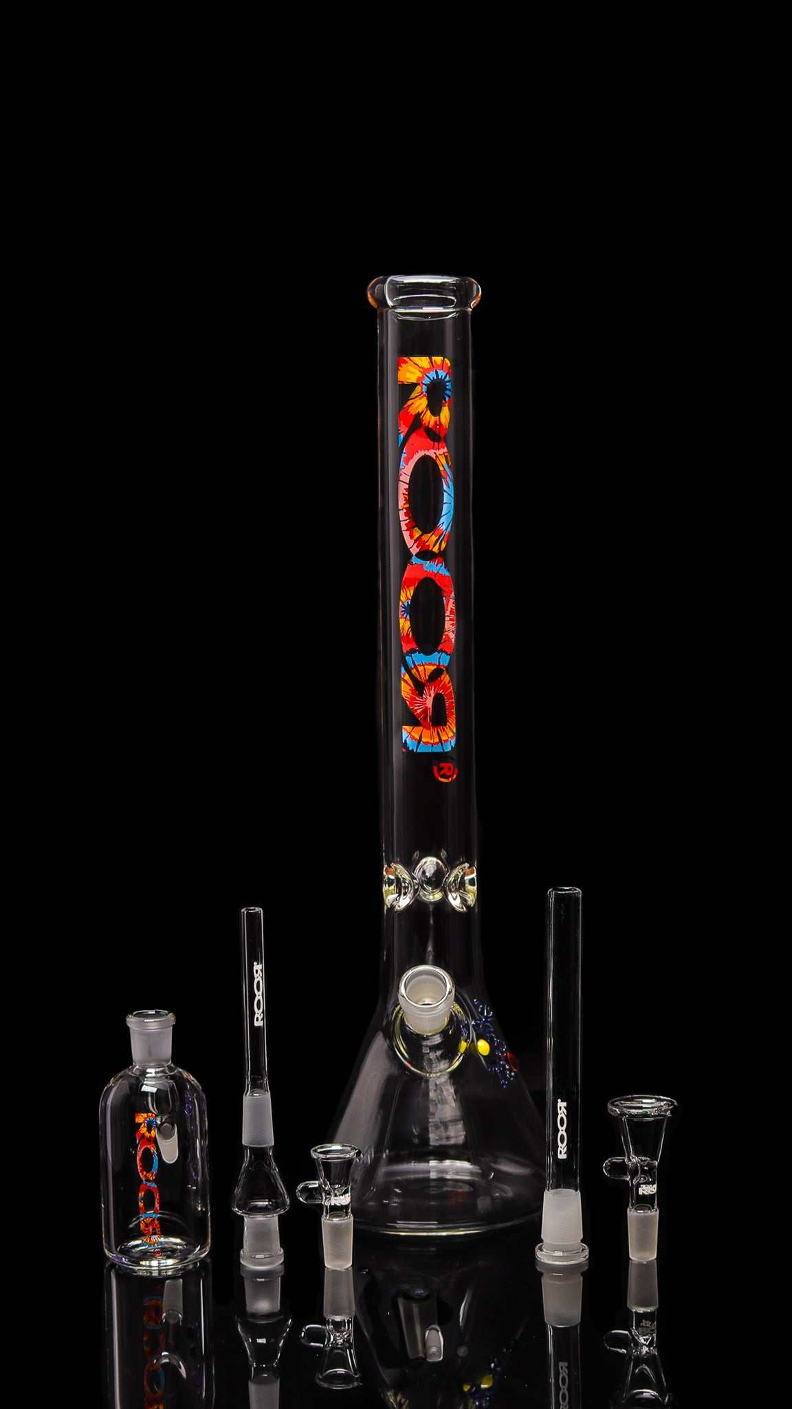 Exclusive ROOR 18” Beaker Base with TIE DYE Label and Matching Ashcatcher set.
