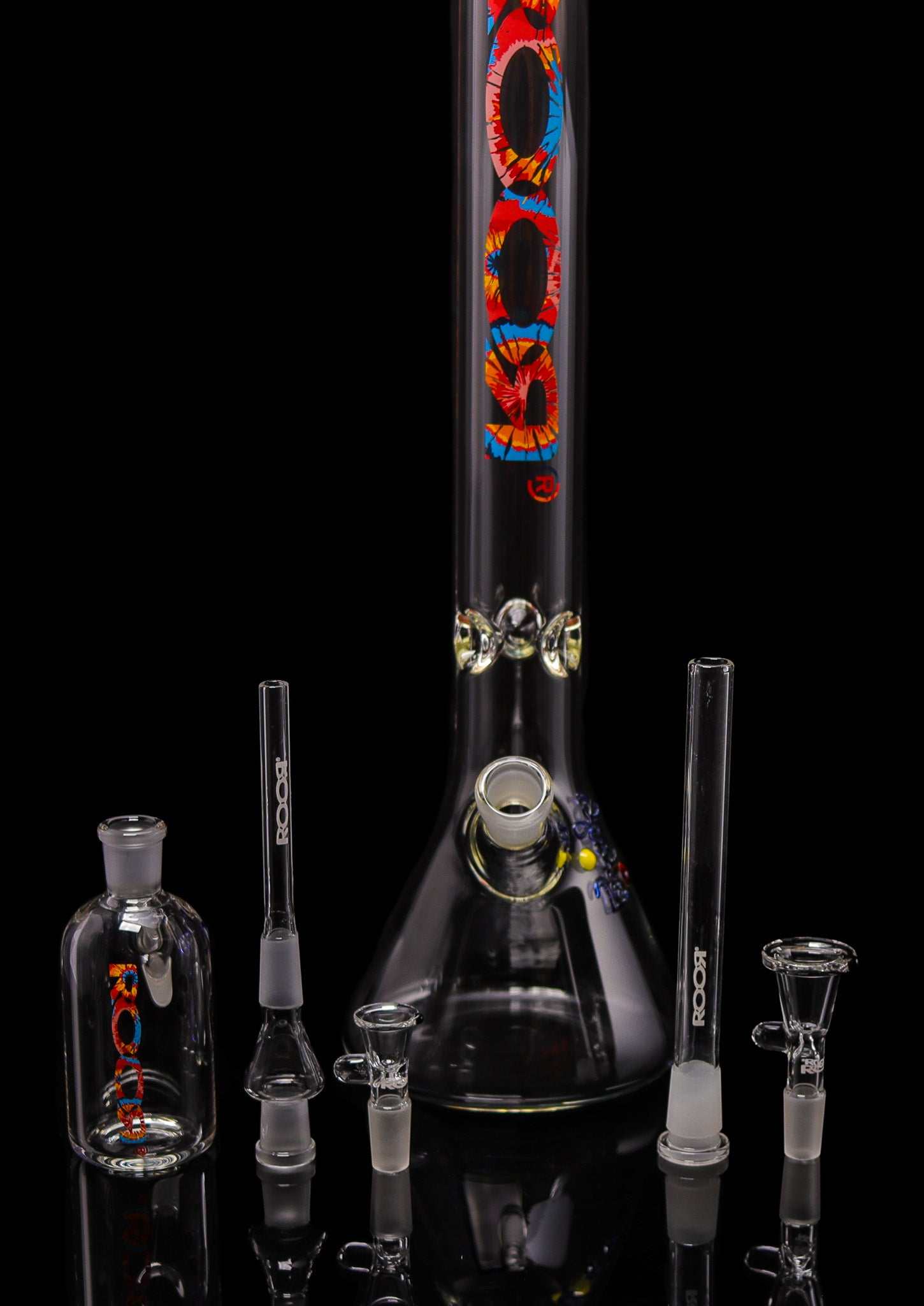 Exclusive ROOR collectors bundle set with 18” beaker base and matching ashcatcher, tie-dye label.