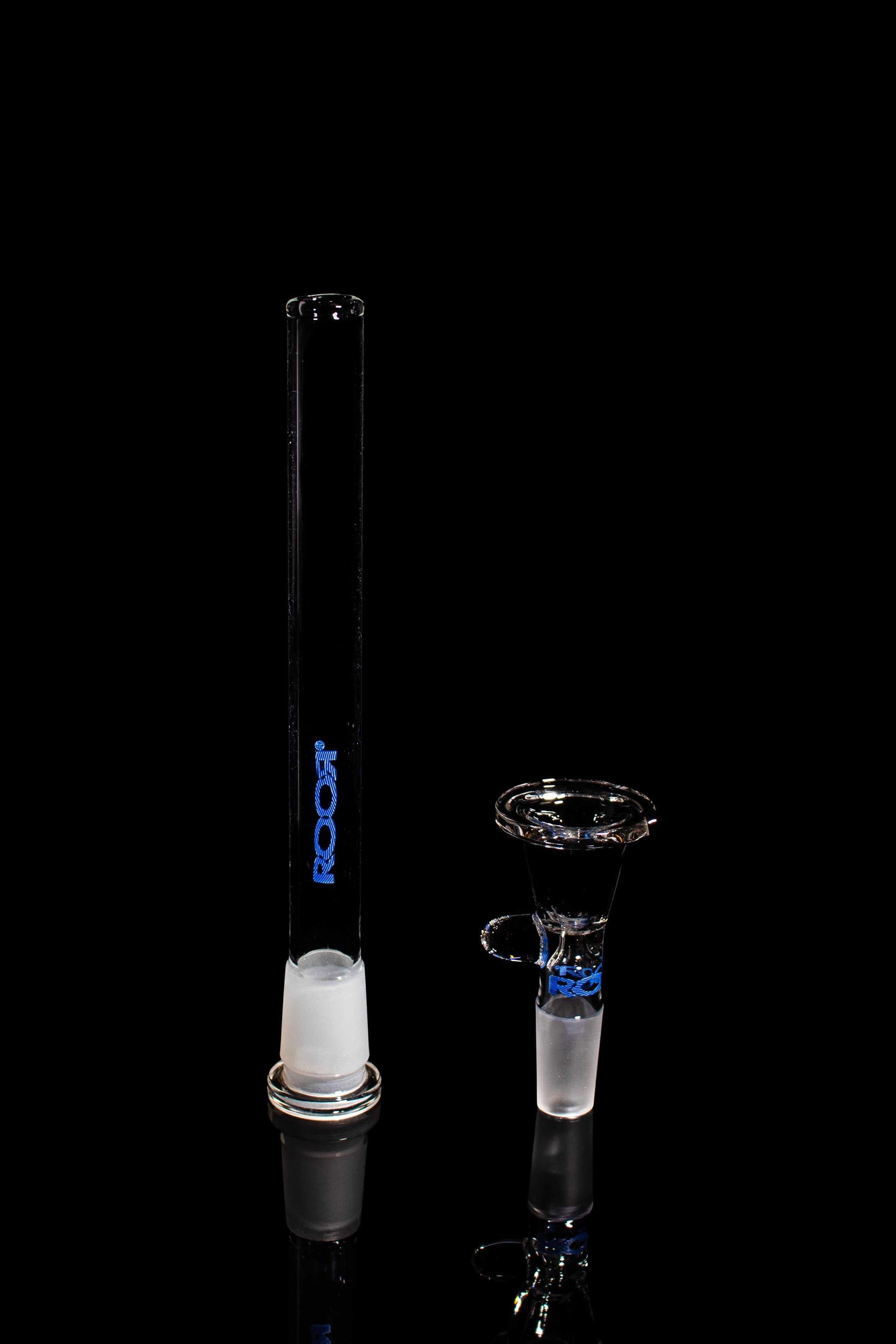 Clear ROOR® Downstem and Bowl Set with blue decals for glass tube enhancement