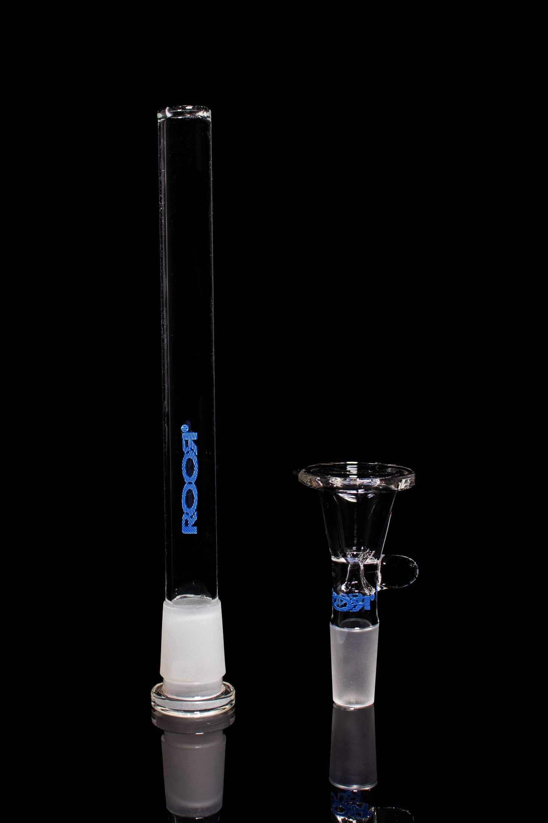 ROOR® Downstem and bowl set with blue decal, clear glass, 18.8mm joint and 14mm male bowl, designed for high-end glass tubes