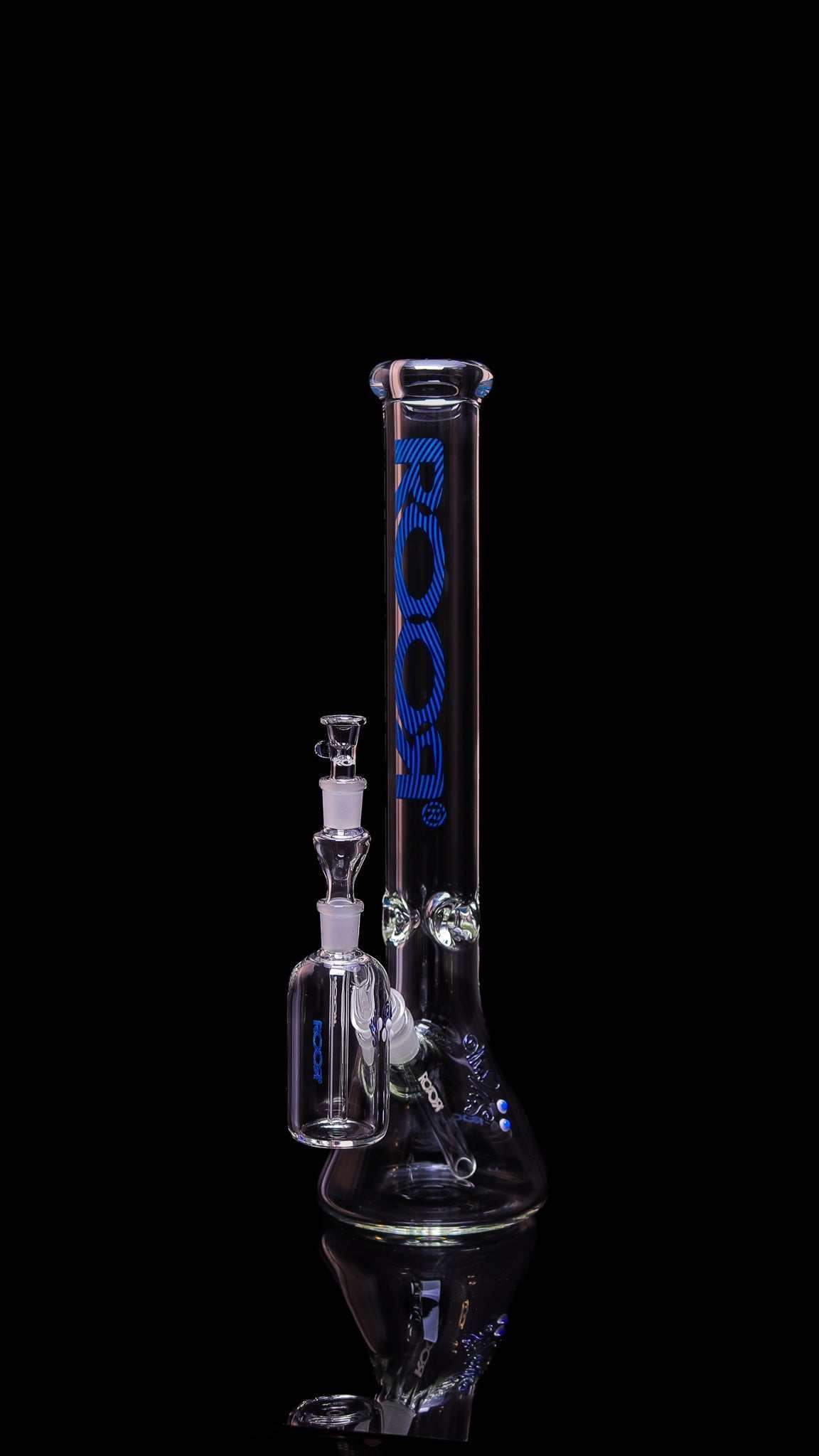 Exclusive ROOR 18-inch beaker base with Too Blue label and matching ashcatcher collector's bundle set