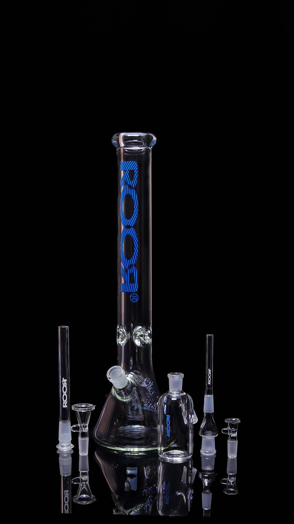 Exclusive ROOR 18-inch glass beaker base with Too Blue label and matching ashcatcher, collector's bundle set