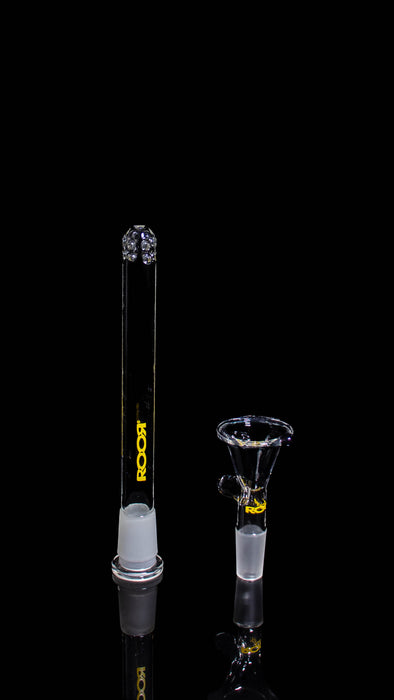 ROOR® Downstem & Bowl Set with Yellow Decal against black background.