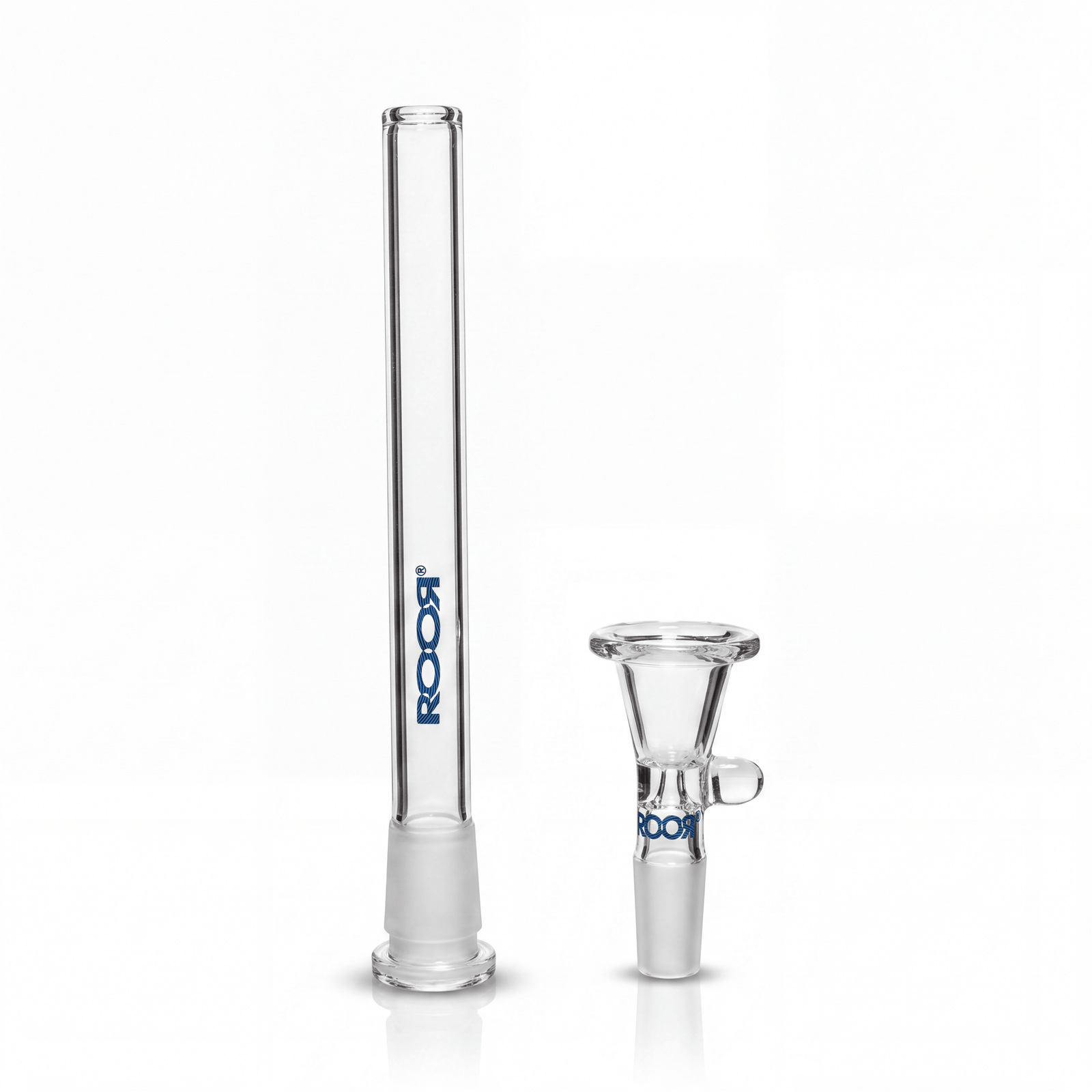 ROOR® Downstem and Bowl Set with blue color decal showcasing measuring guide and product details